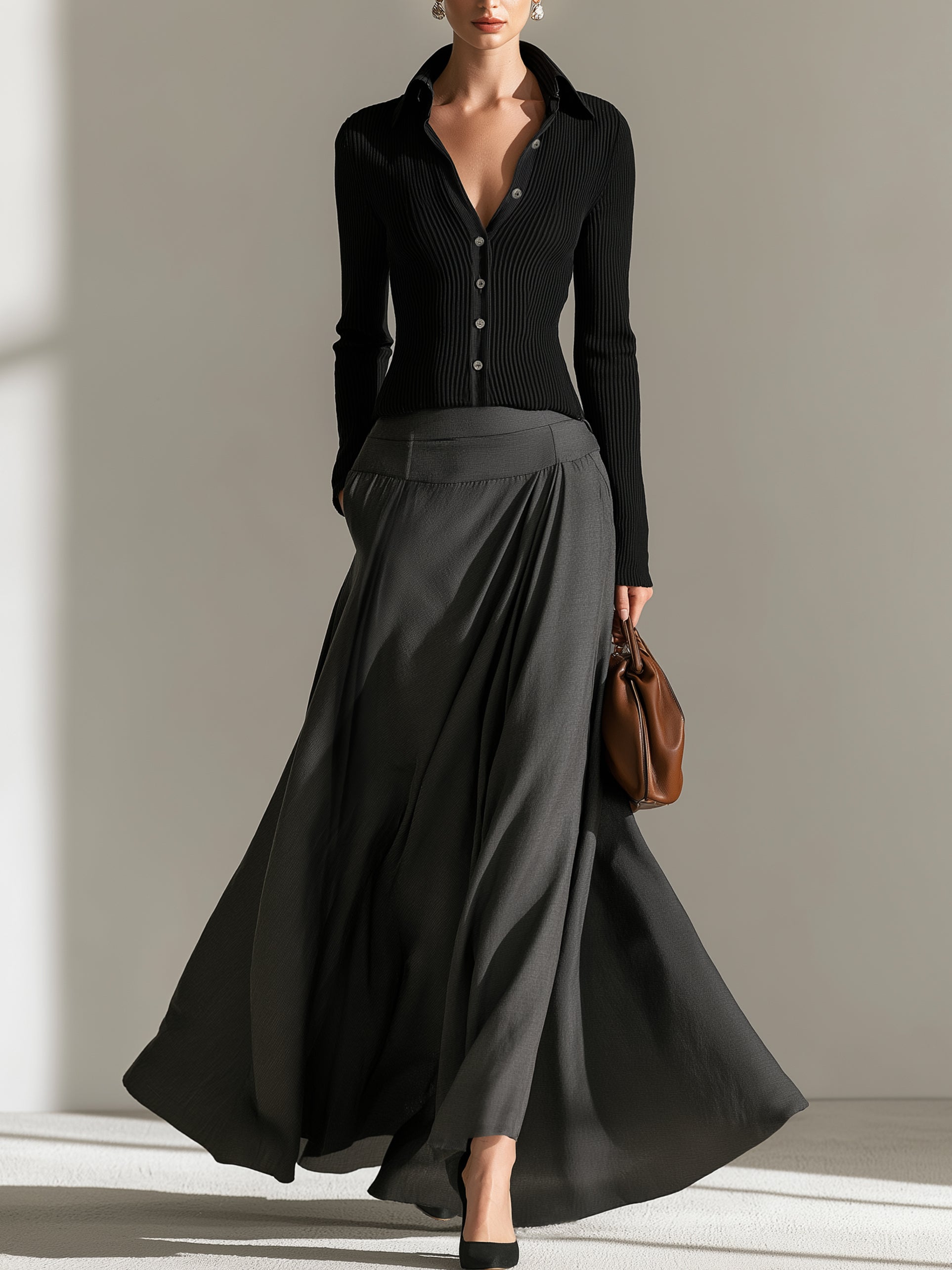 Elegant Rib‑Knit Shirt Top & Fluid Maxi Skirt Set