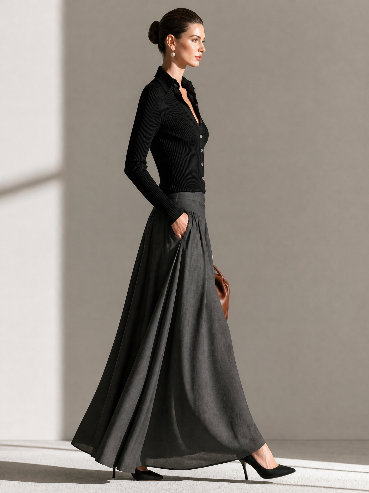 Elegant Rib‑Knit Shirt Top & Fluid Maxi Skirt Set