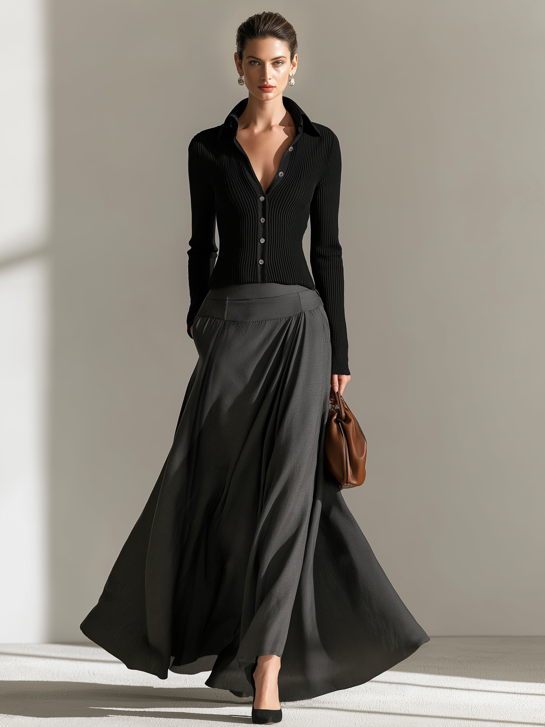 Elegant Rib‑Knit Shirt Top & Fluid Maxi Skirt Set