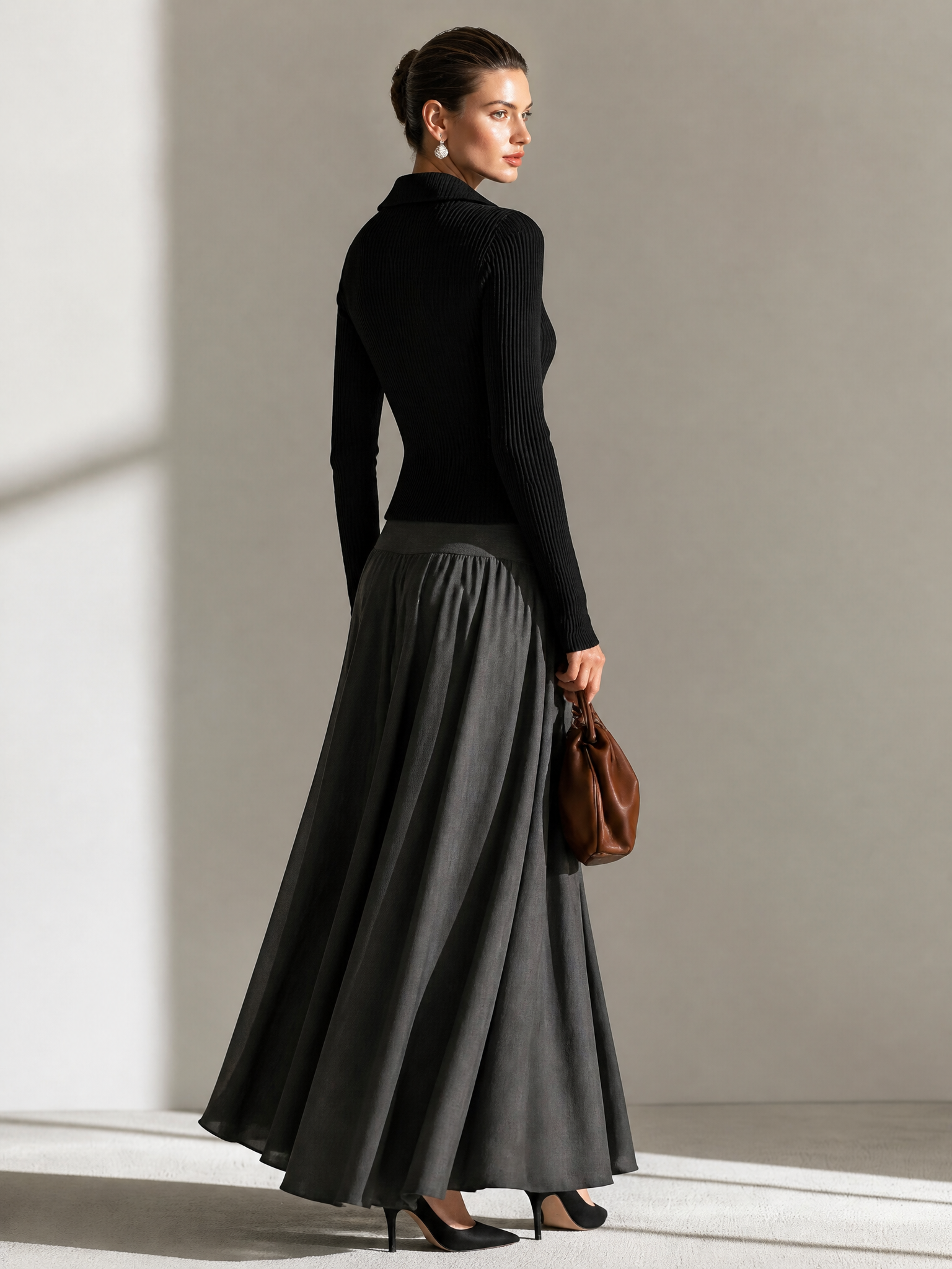 Elegant Rib‑Knit Shirt Top & Fluid Maxi Skirt Set
