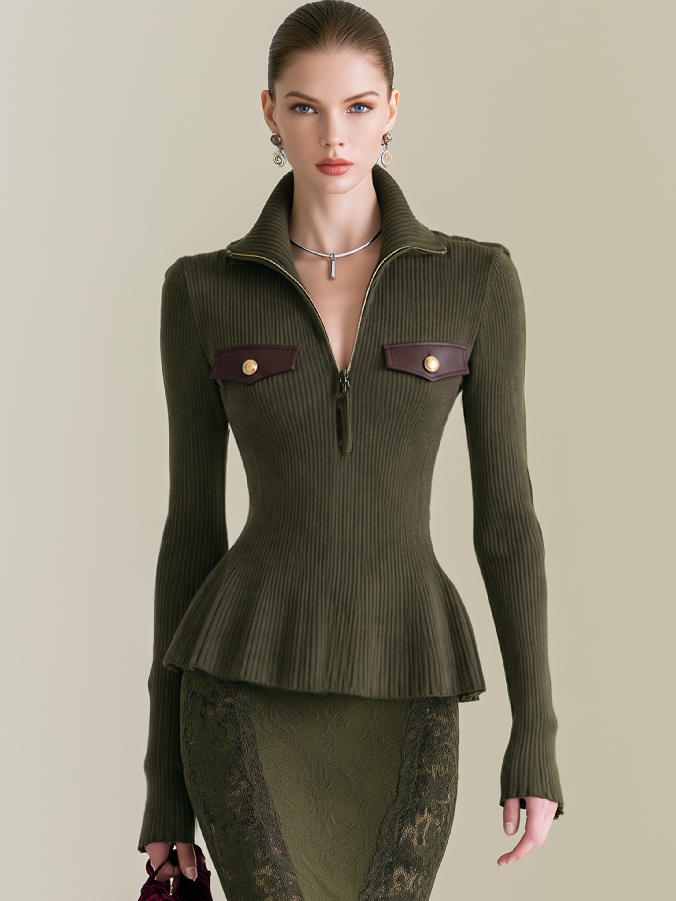 Dark Olive Green Stand Collar Zip Waist‑Fit Pullover Sweater