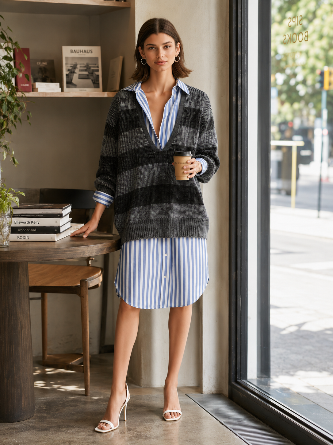 Elegant Black And Grey Striped Faux Two-piece Sweater-and-shirt Dress