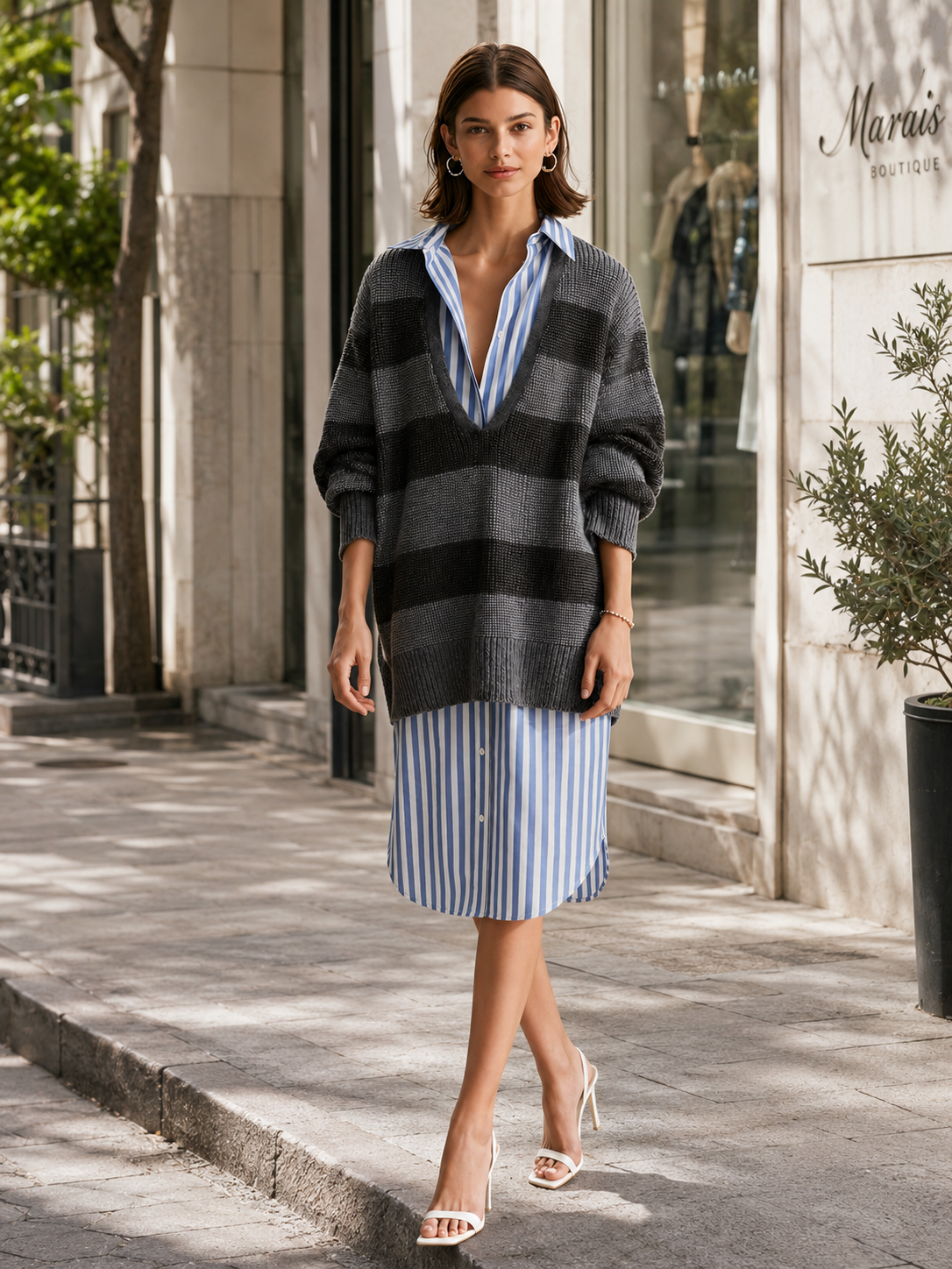 Elegant Black And Grey Striped Faux Two-piece Sweater-and-shirt Dress