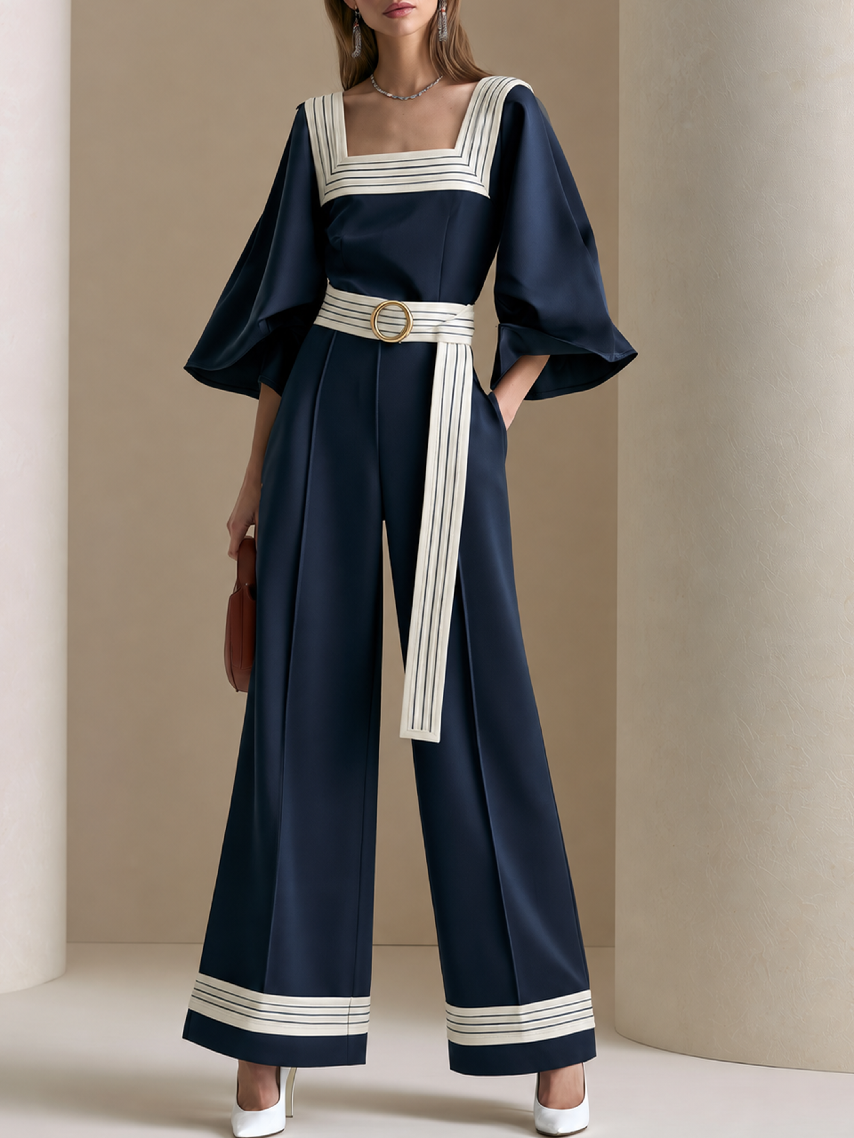 Elegant Navy & Ivory Contrast Square-Neck Wide-Leg Jumpsuit