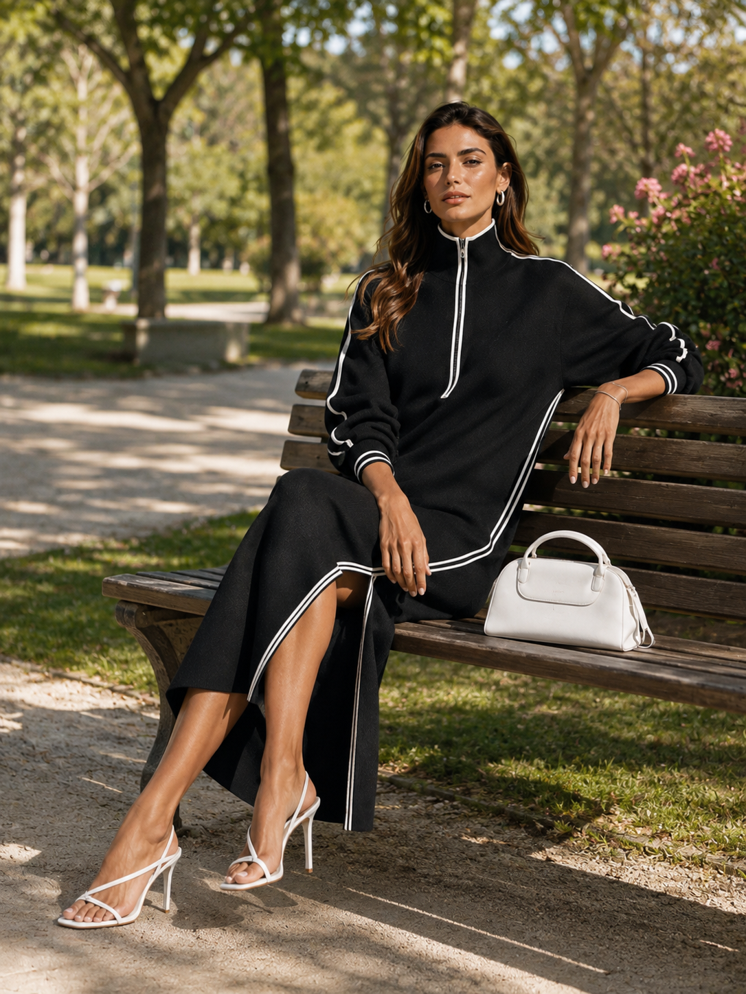 Elegant Black Straight-cut Knit Skirt With White Piping Contrast Detail