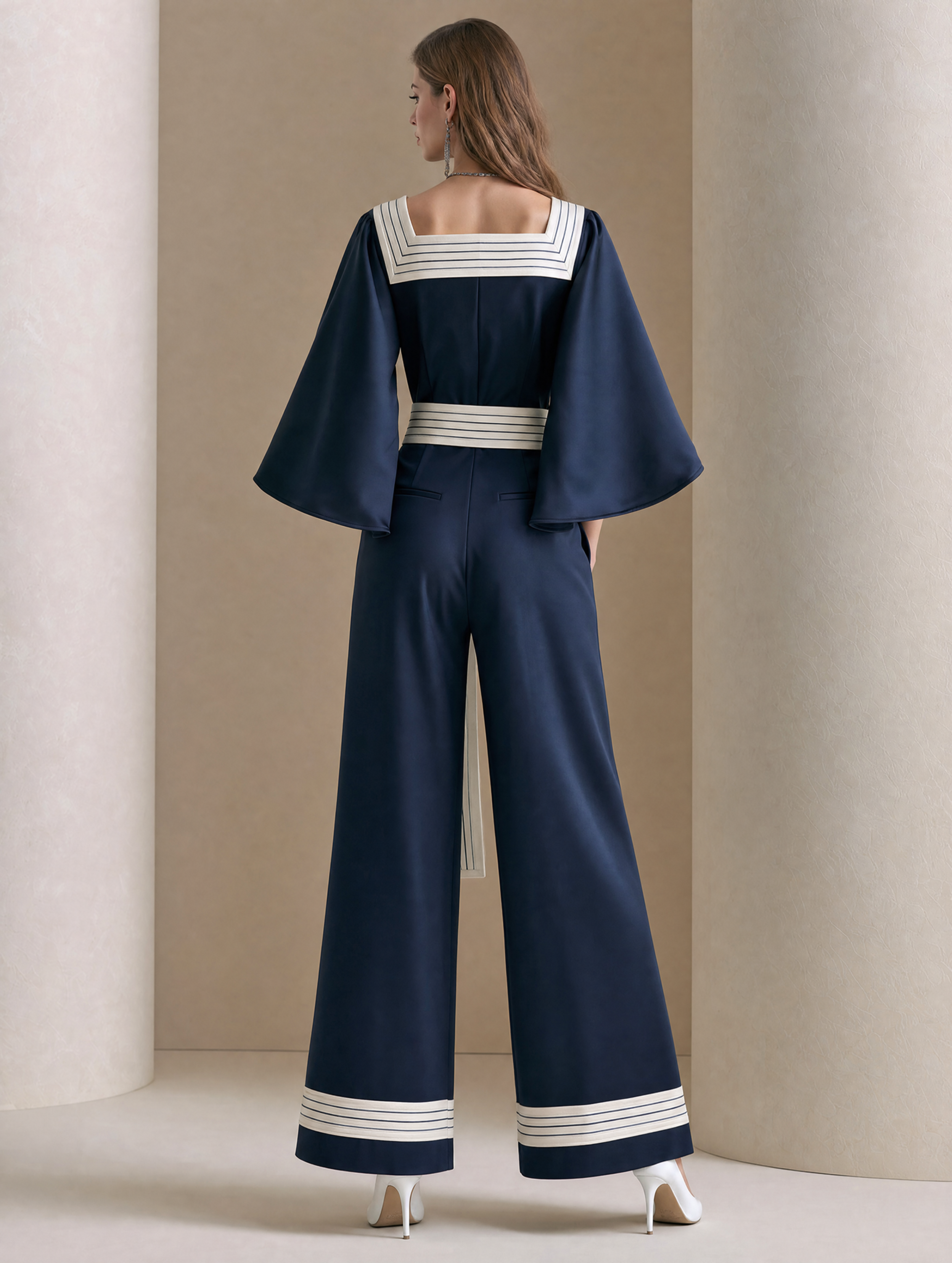 Elegant Navy & Ivory Contrast Square-Neck Wide-Leg Jumpsuit