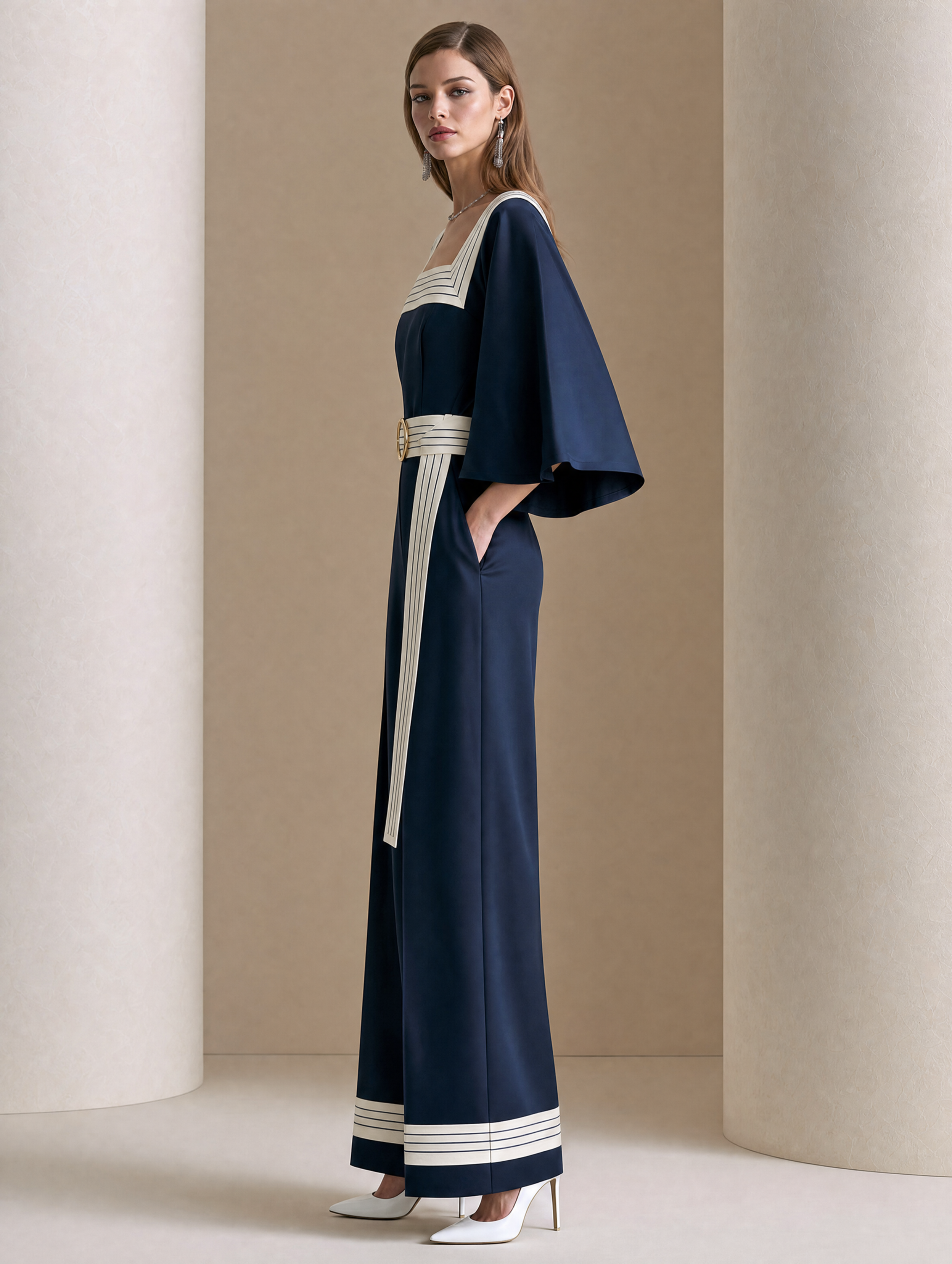 Elegant Navy & Ivory Contrast Square-Neck Wide-Leg Jumpsuit