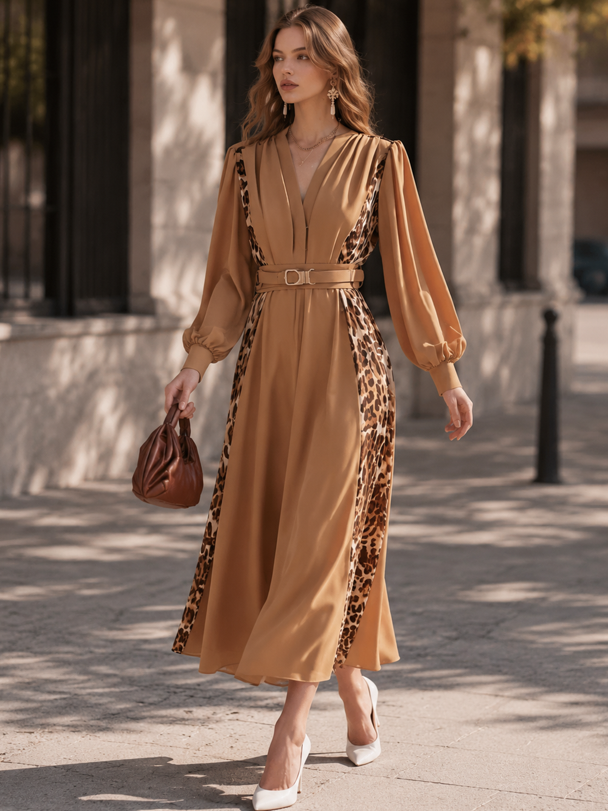 Elegant Khaki & Leopard Print Chiffon V-Neck Midi Dress