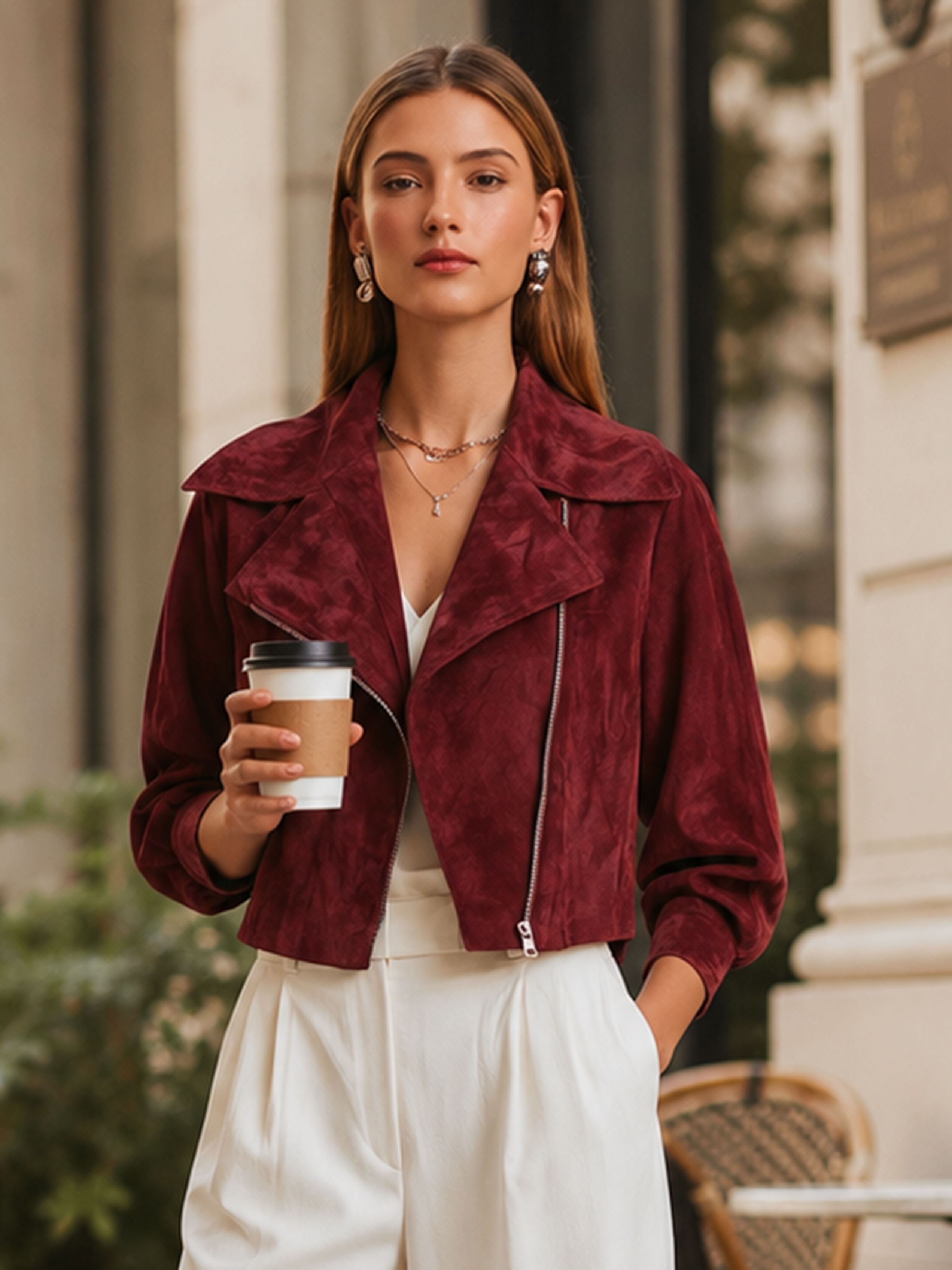 Elegant Burgundy Suede Cropped Moto Jacket