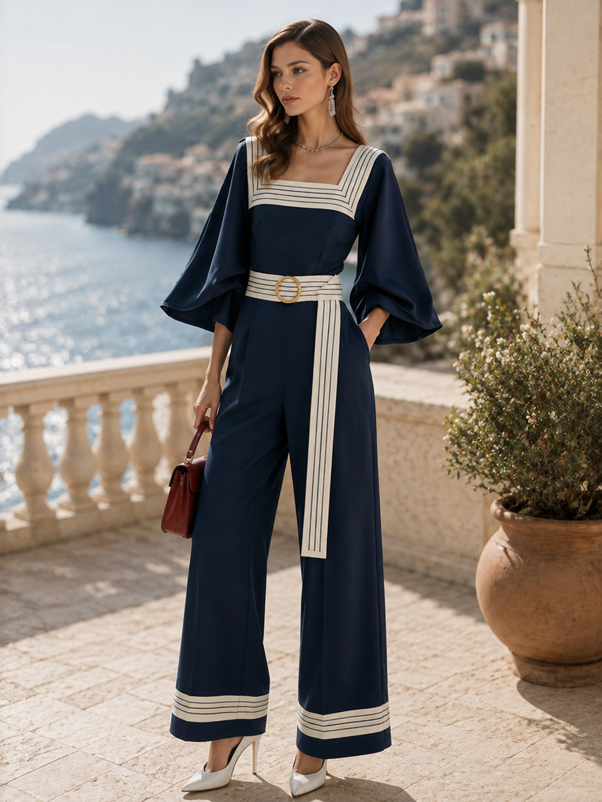 Elegant Navy & Ivory Contrast Square-Neck Wide-Leg Jumpsuit