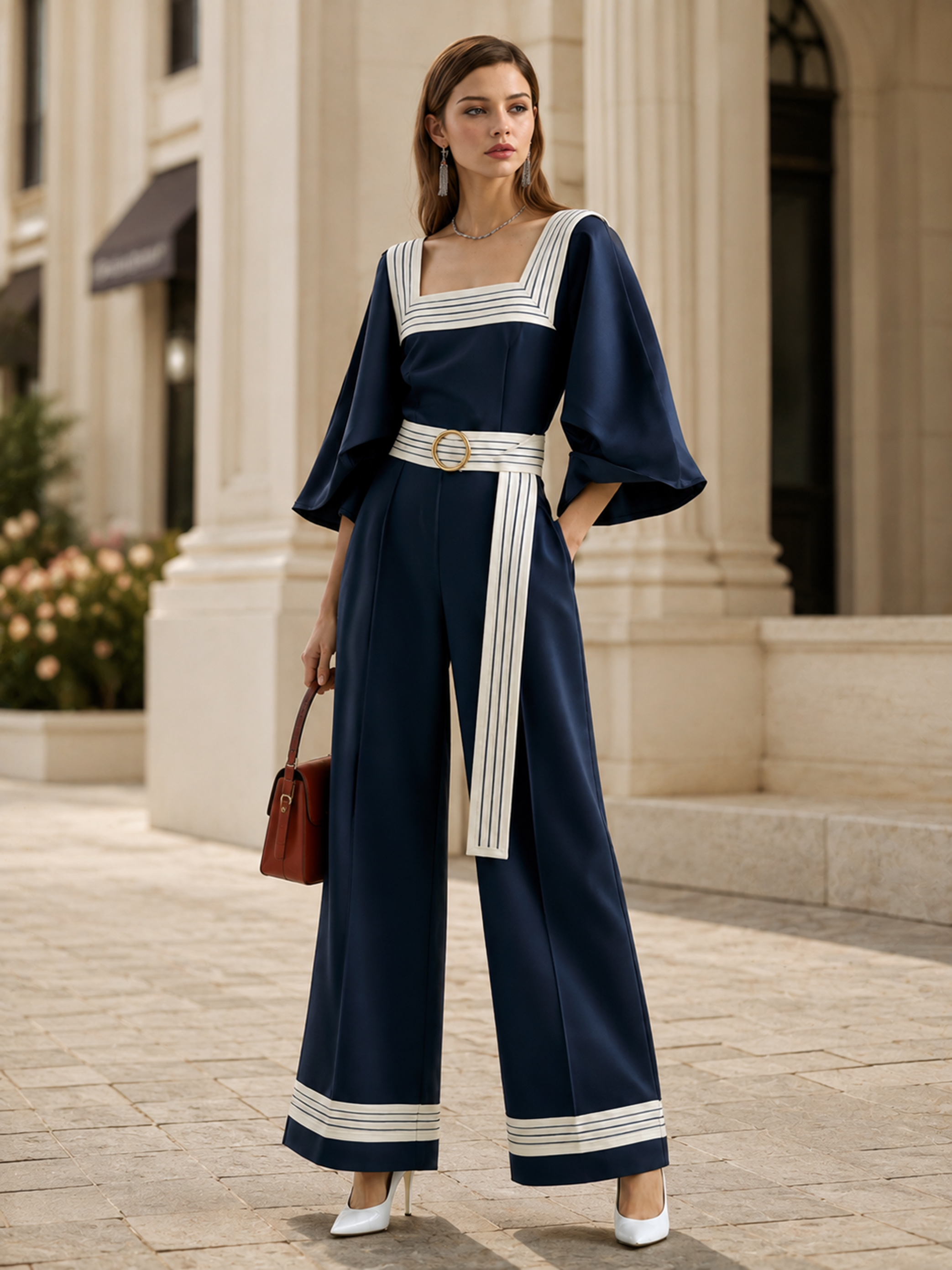 Elegant Navy & Ivory Contrast Square-Neck Wide-Leg Jumpsuit