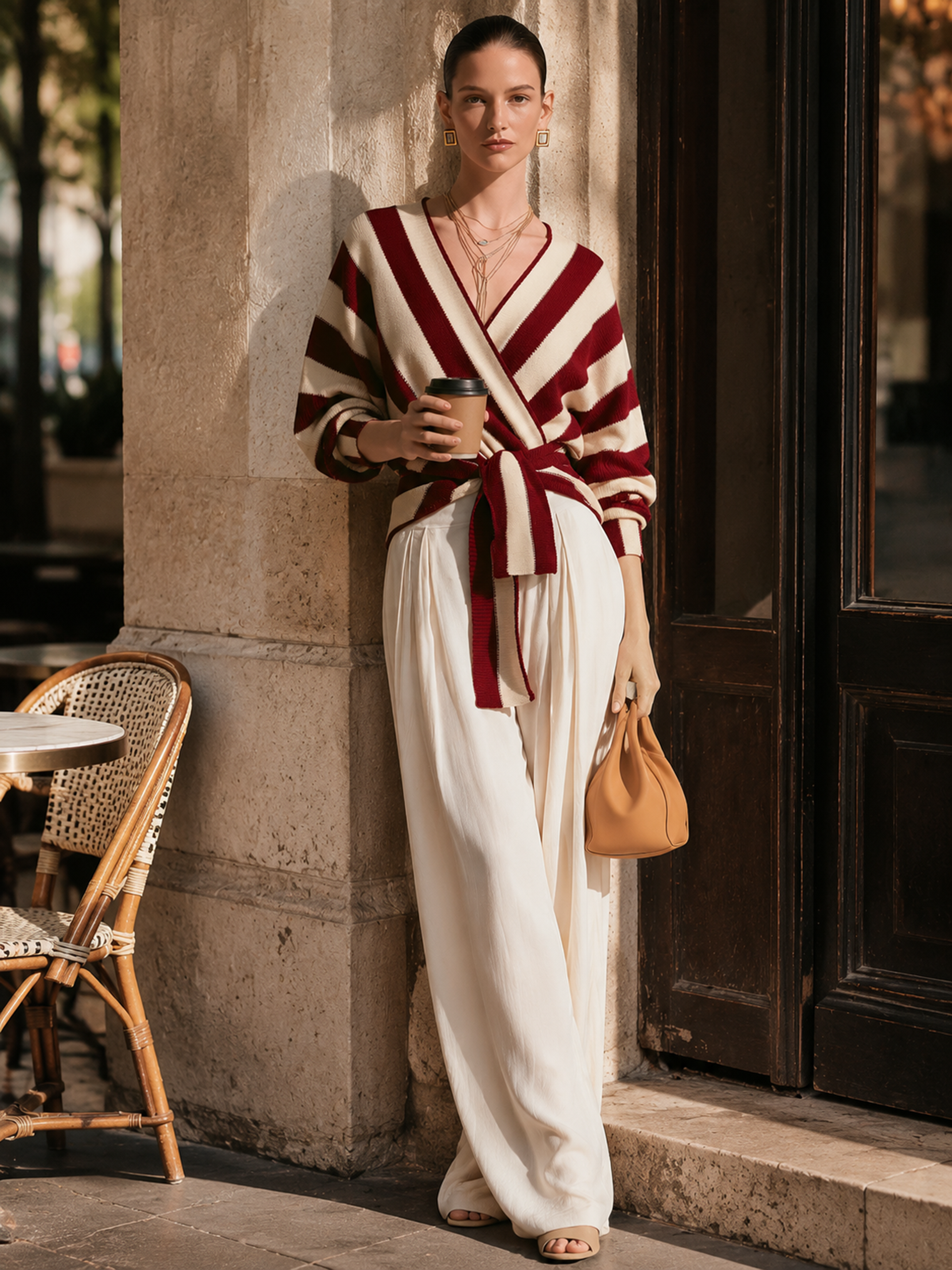 Elegant Burgundy Cream Diagonal Stripe Wrap Tie Knit Top Flowy Cream Wide Leg Two-Piece Set