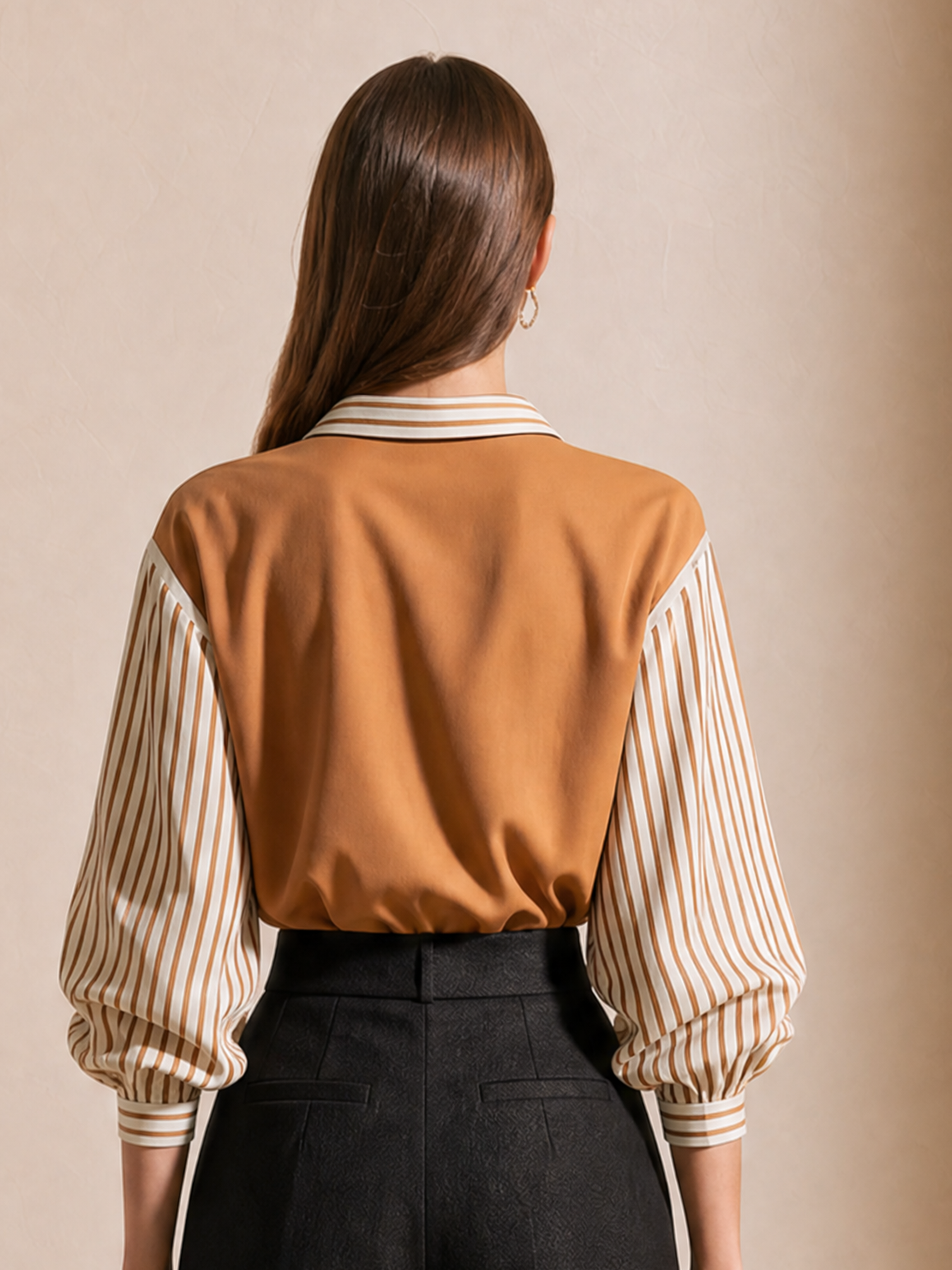 Elegant Khaki Contrast Stripe Patchwork Cotton Shirt