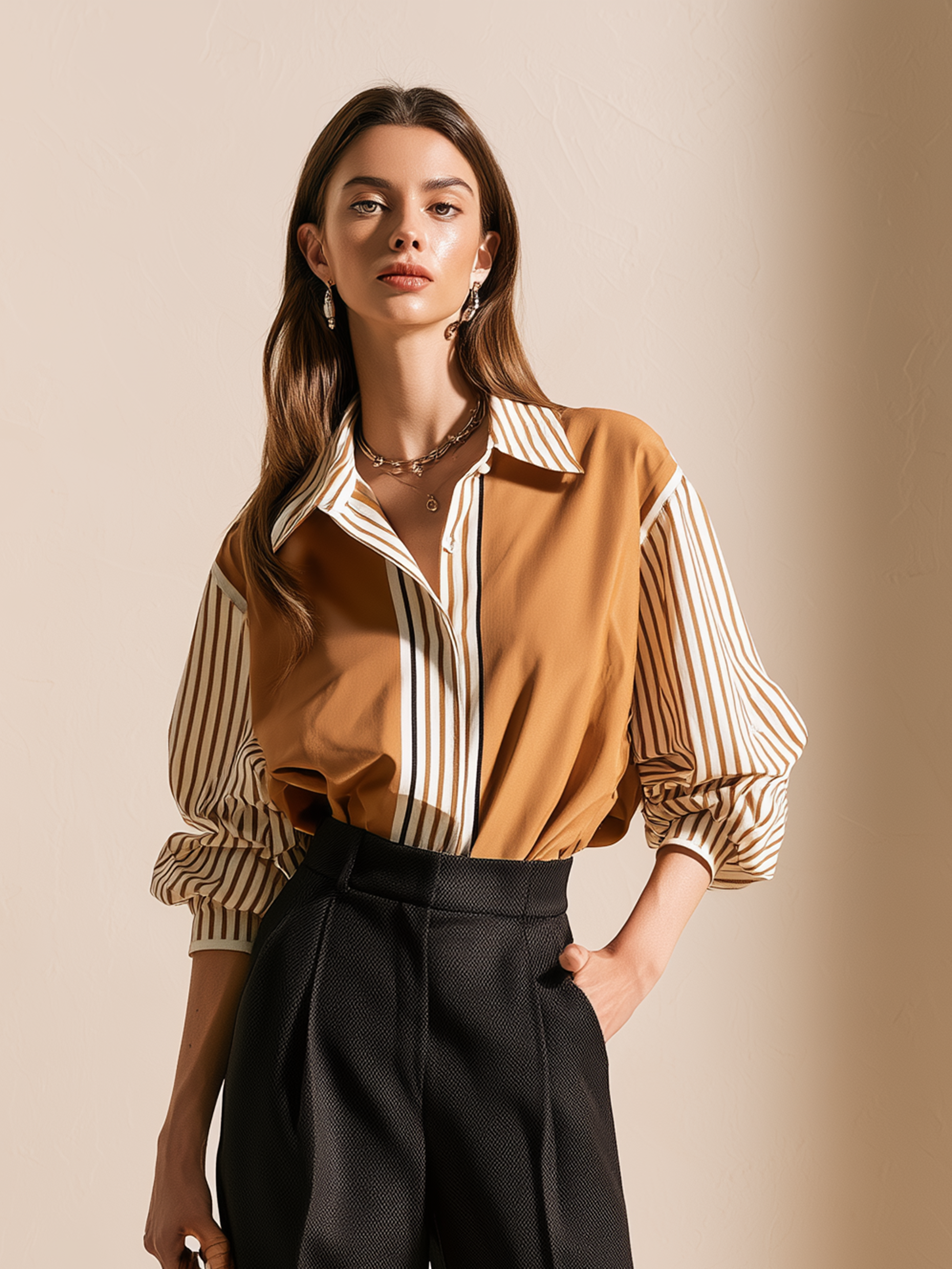 Elegant Khaki Contrast Stripe Patchwork Cotton Shirt