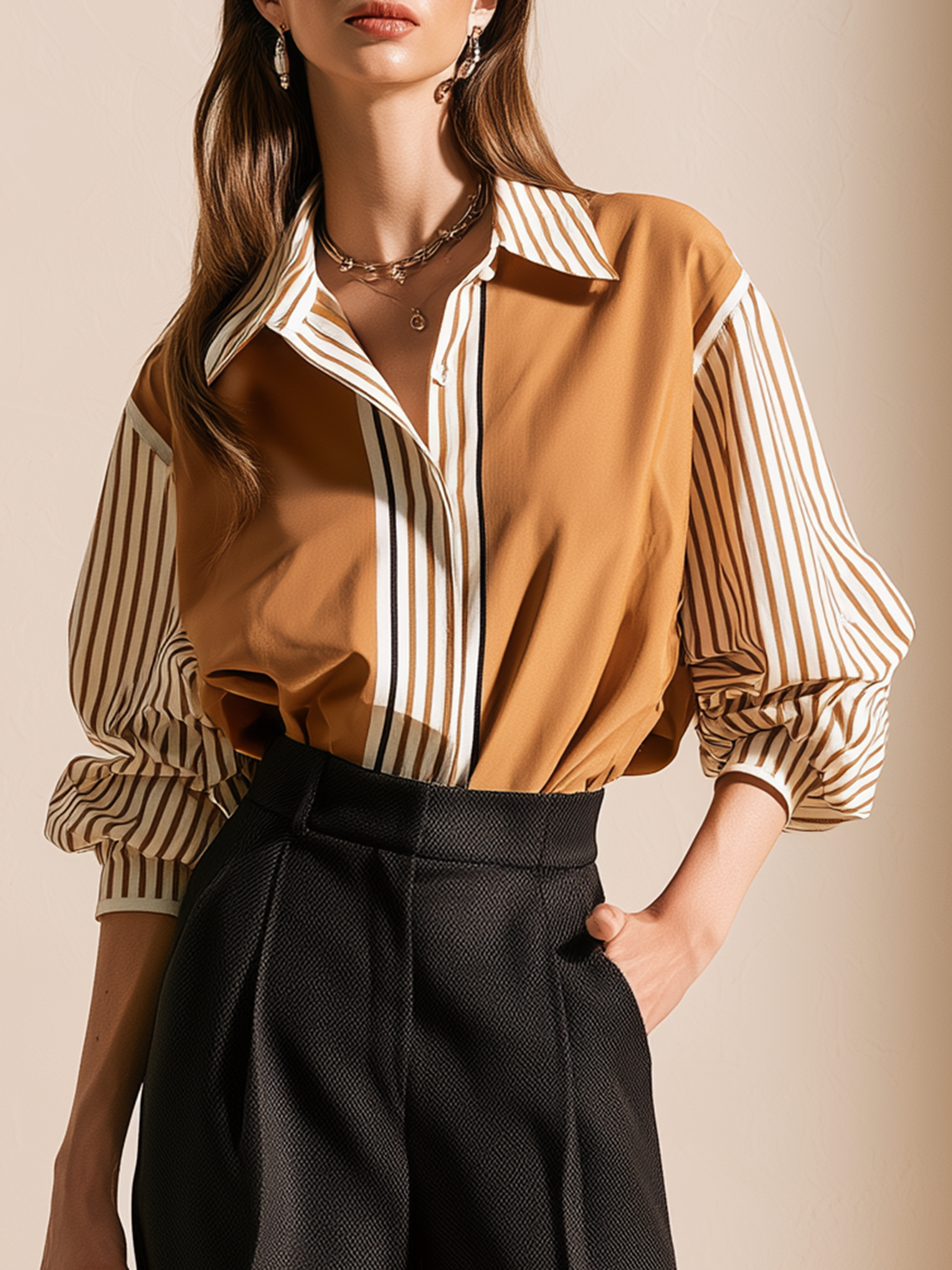 Elegant Khaki Contrast Stripe Patchwork Cotton Shirt