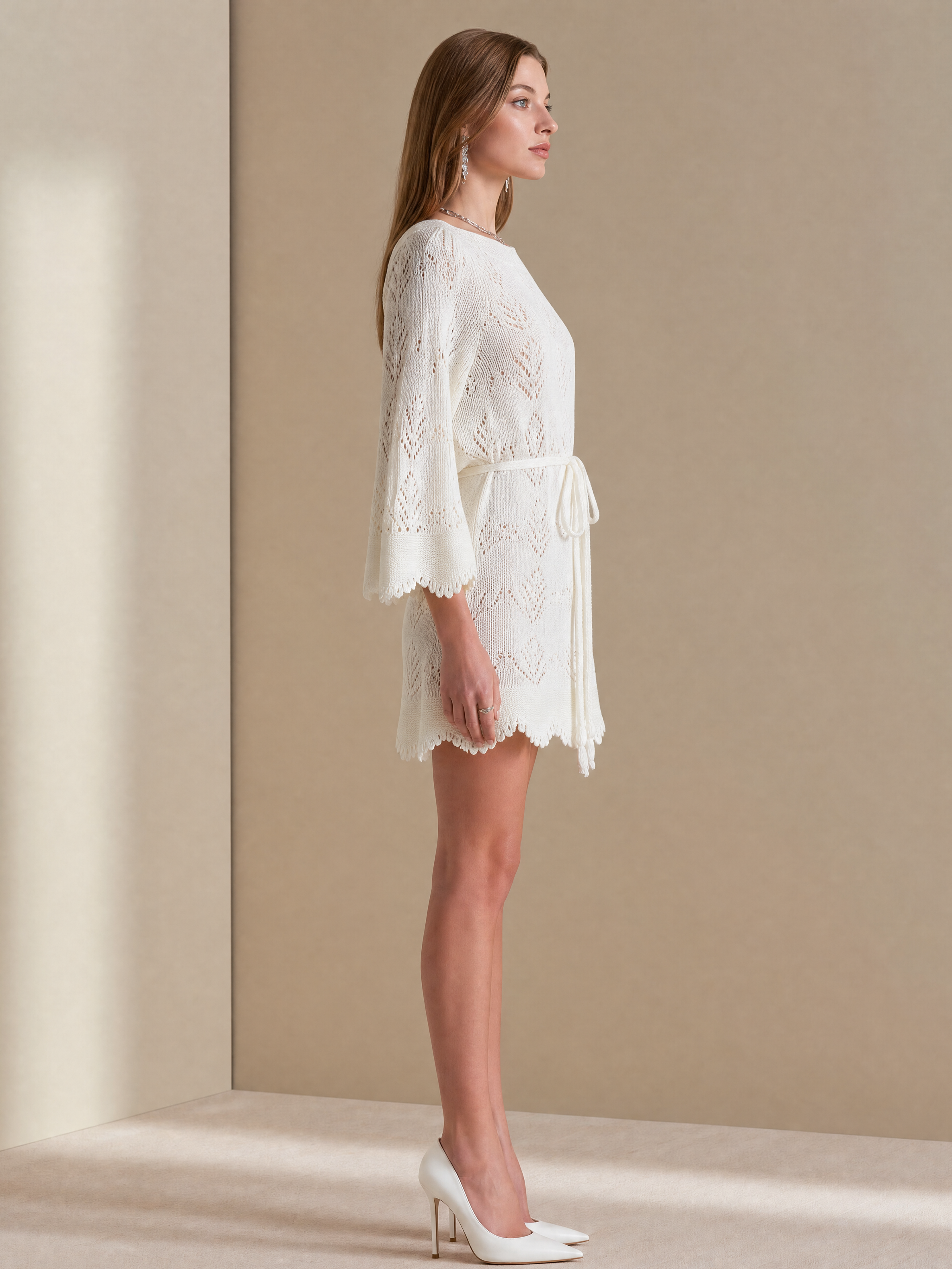 Elegant Ivory Openwork Jacquard Knit Mini Dress