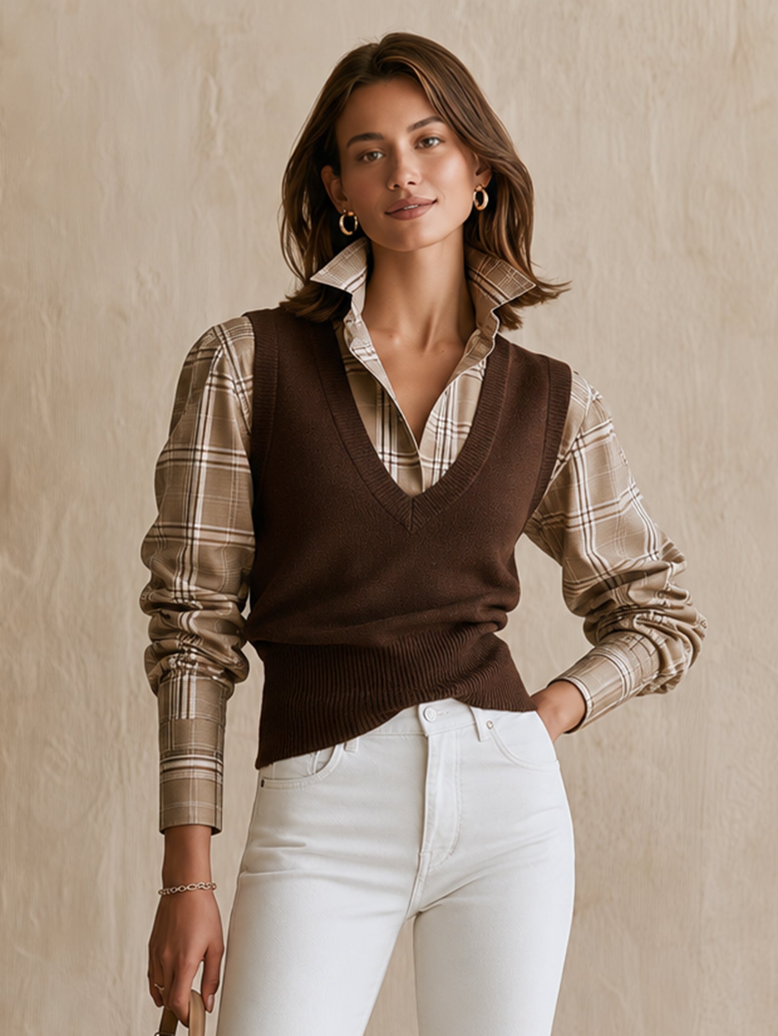 Brown Plaid Shirt And Knit Vest Two-piece Set