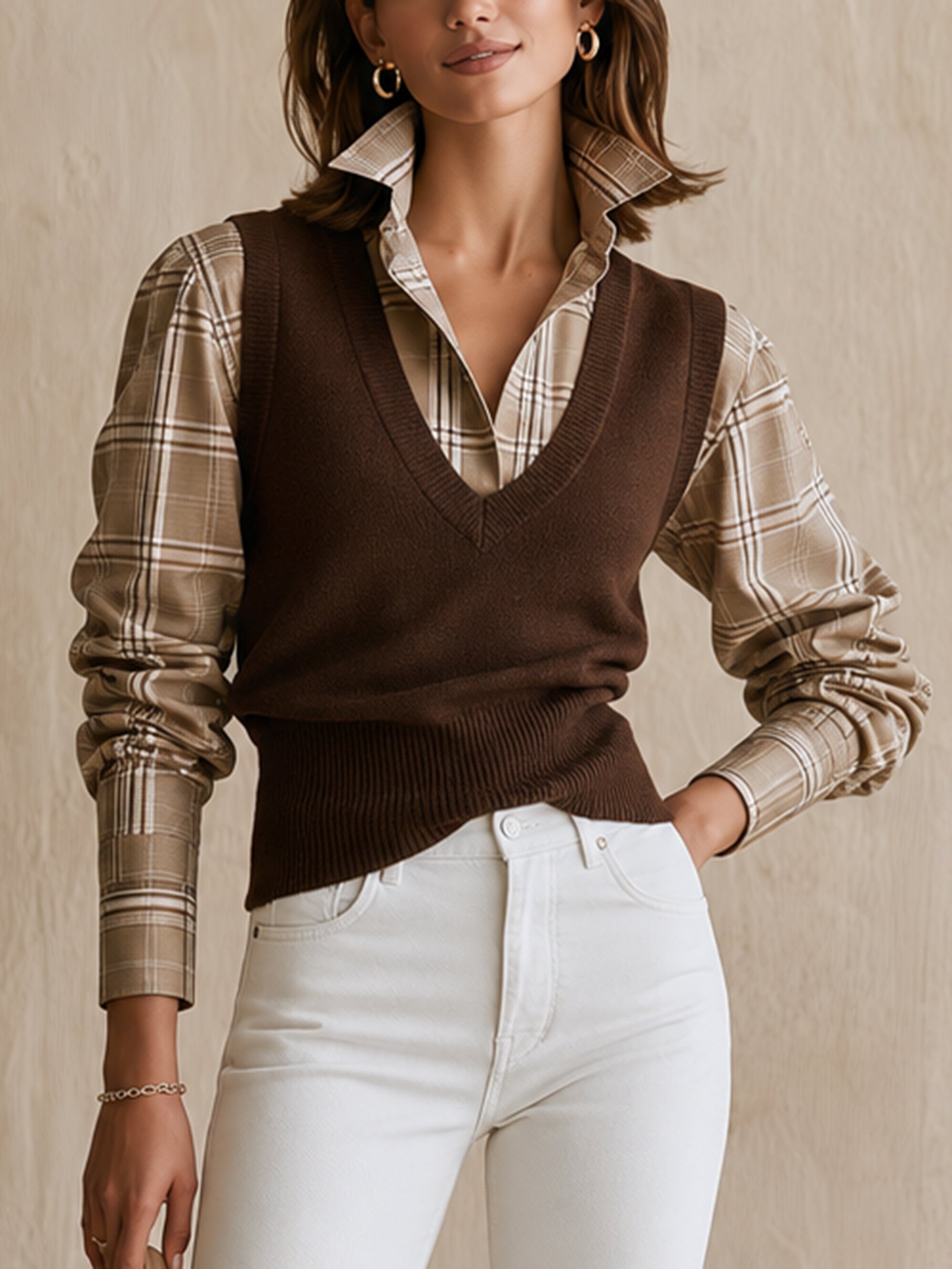 Brown Plaid Shirt And Knit Vest Two-piece Set