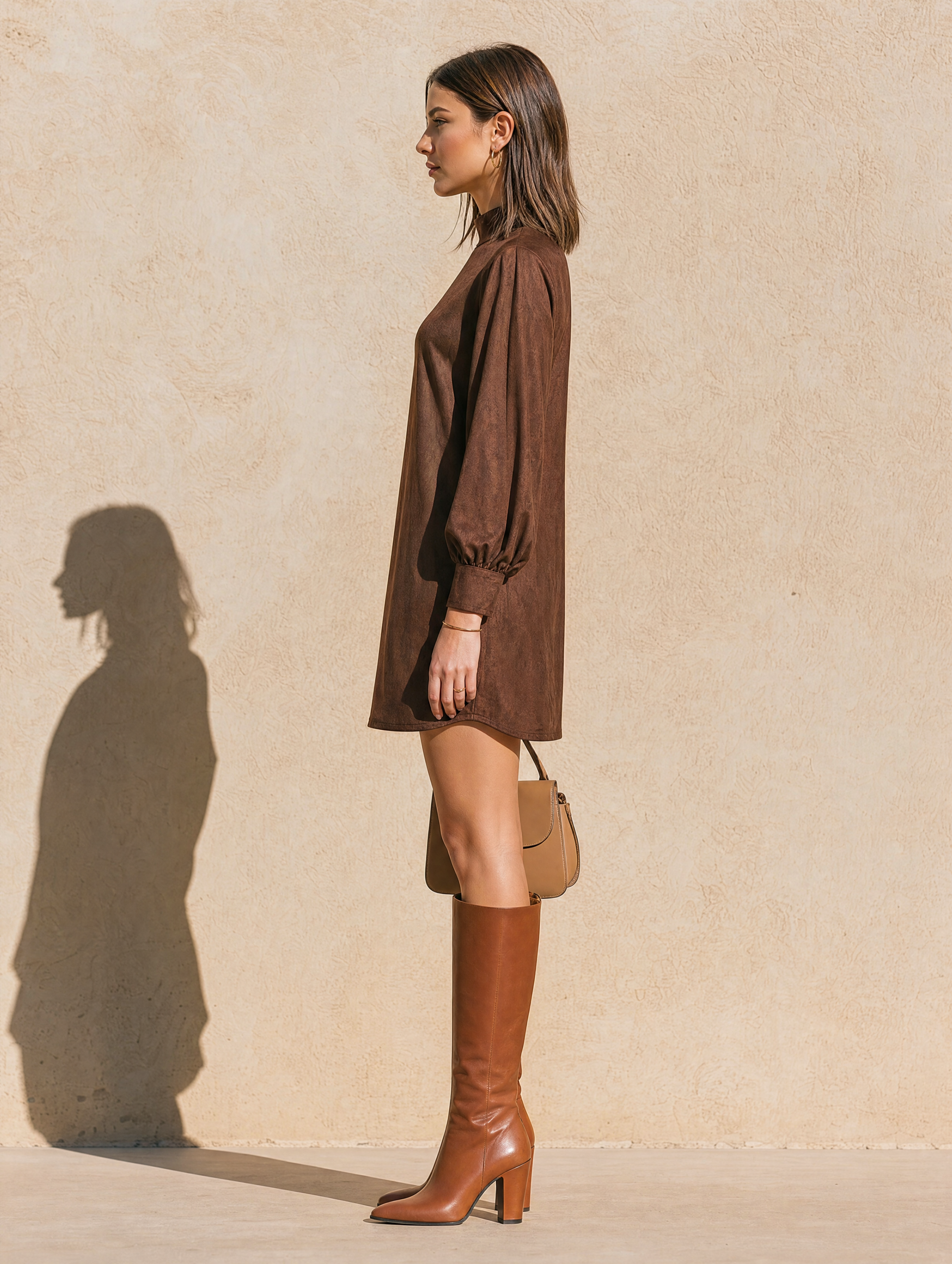 Elegant Brown Suede Mini Dress With A Mock Neck