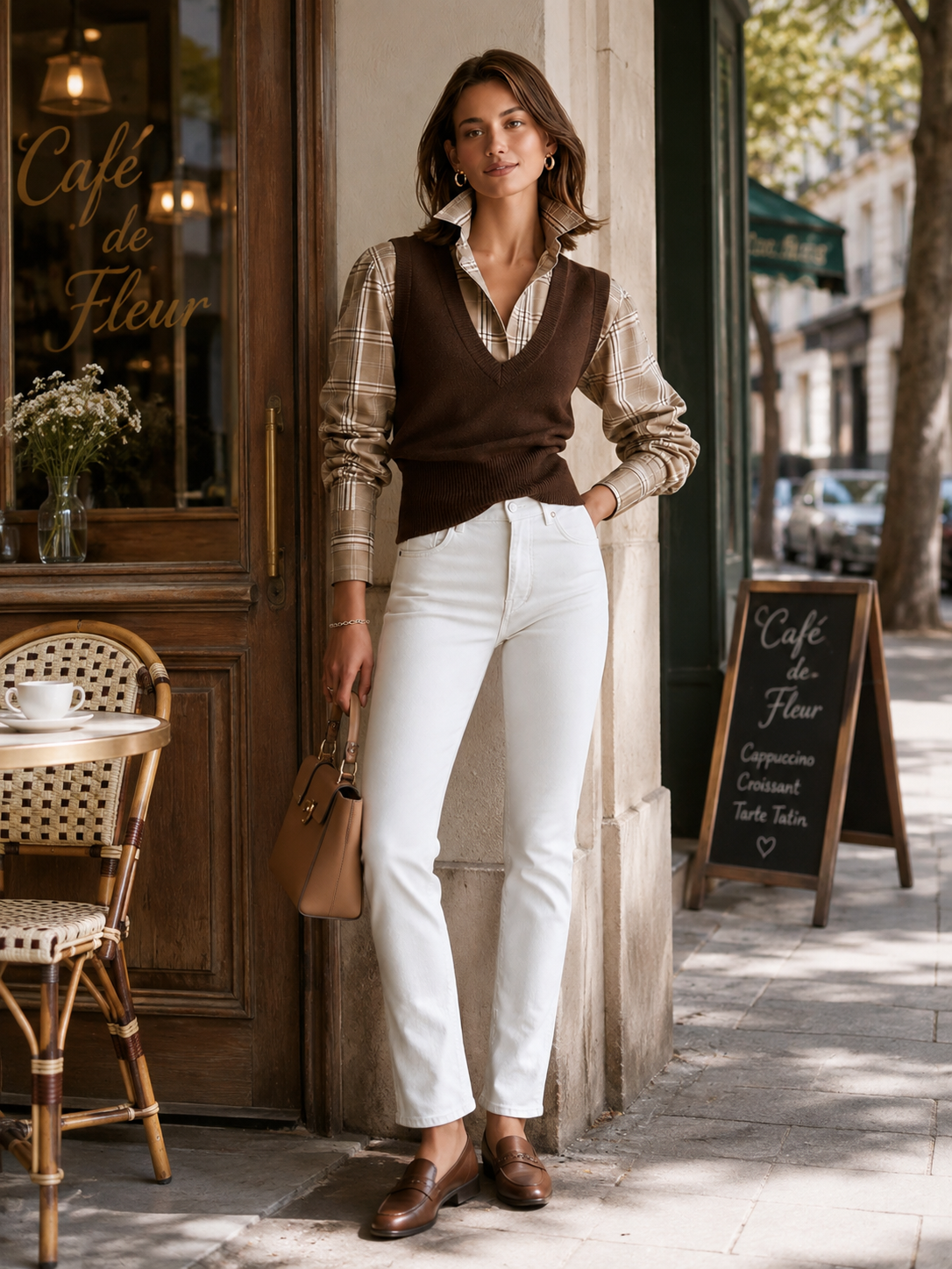 Brown Plaid Shirt And Knit Vest Two-piece Set
