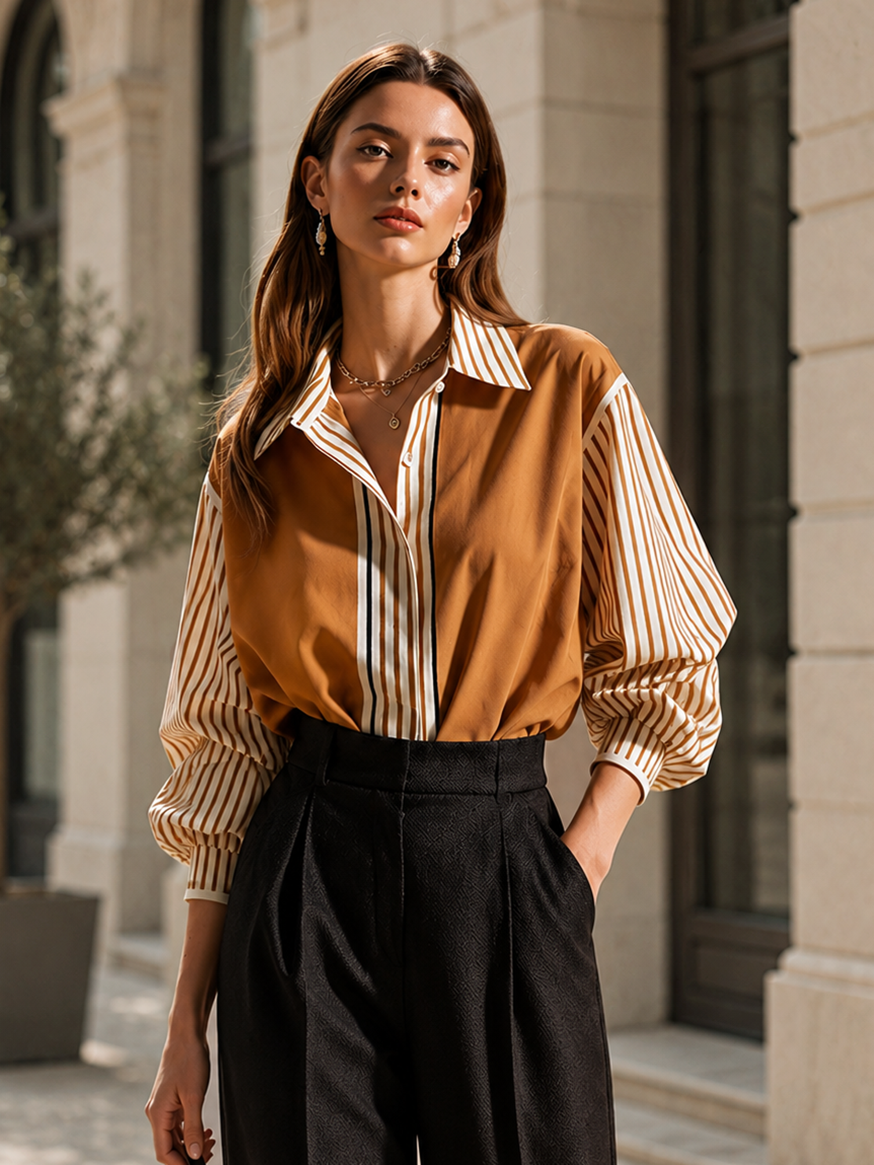 Elegant Khaki Contrast Stripe Patchwork Cotton Shirt