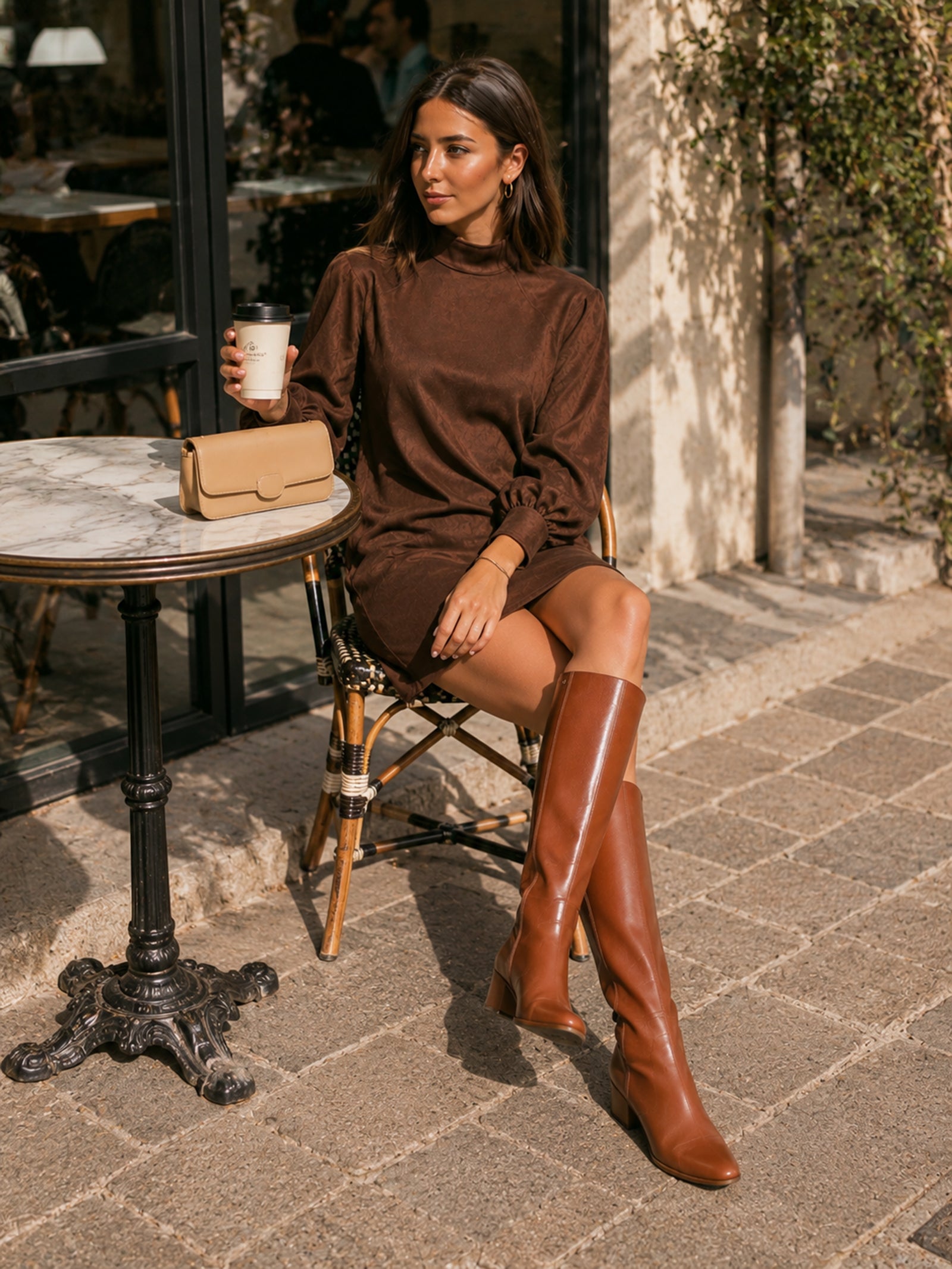 Elegant Brown Suede Mini Dress With A Mock Neck
