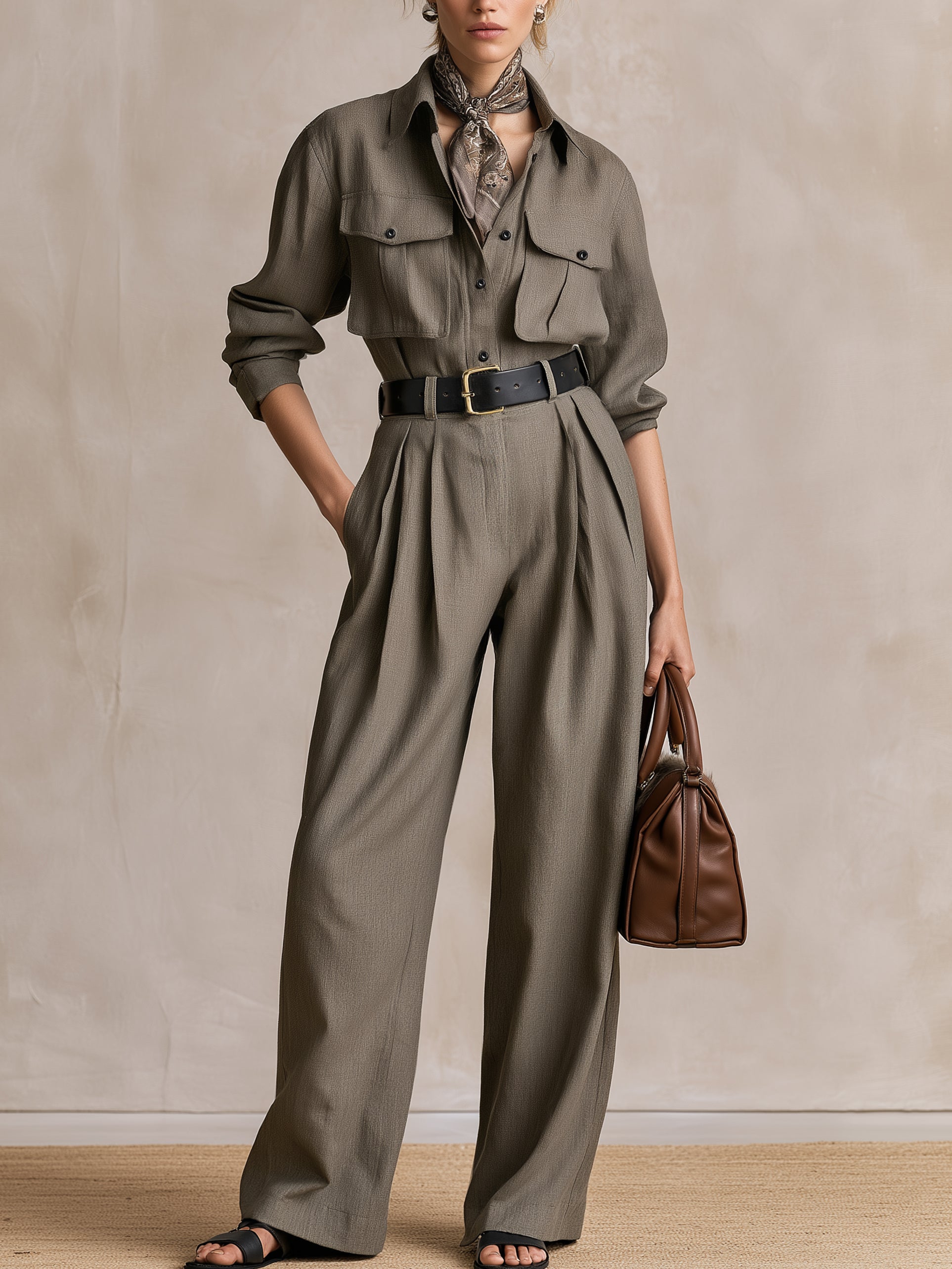 Utility‑Style Tailored Wide‑Leg Jumpsuit