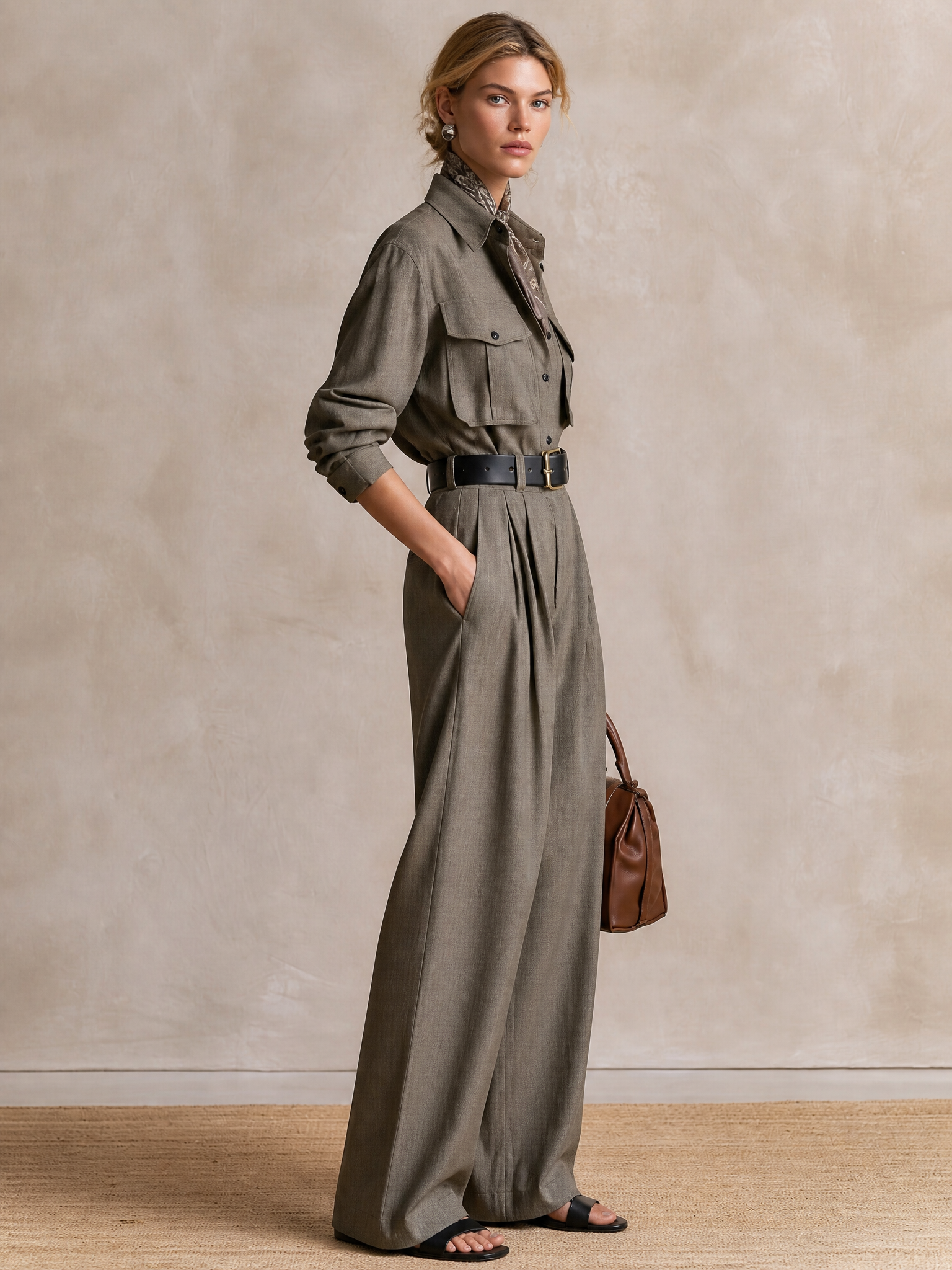 Utility‑Style Tailored Wide‑Leg Jumpsuit