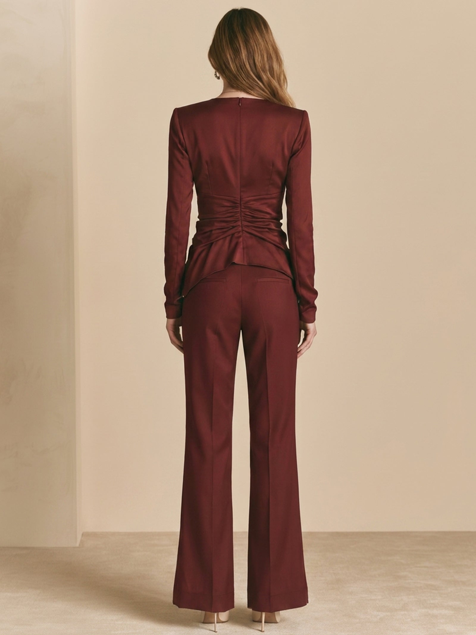 Elegant Reddish-brown Wide-leg Trouser Set With Ruching And Asymmetrical Button Detailing