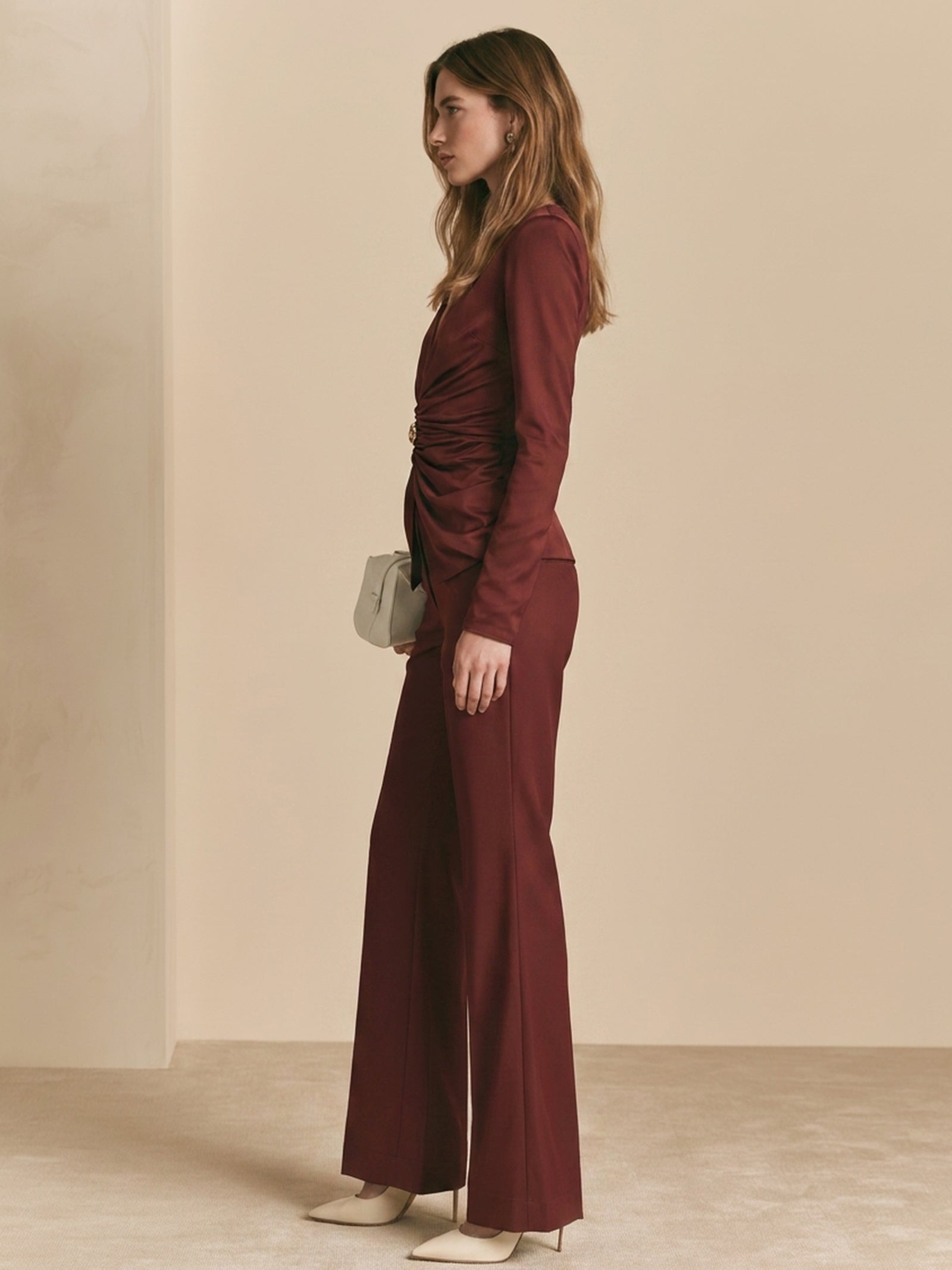 Elegant Reddish-brown Wide-leg Trouser Set With Ruching And Asymmetrical Button Detailing
