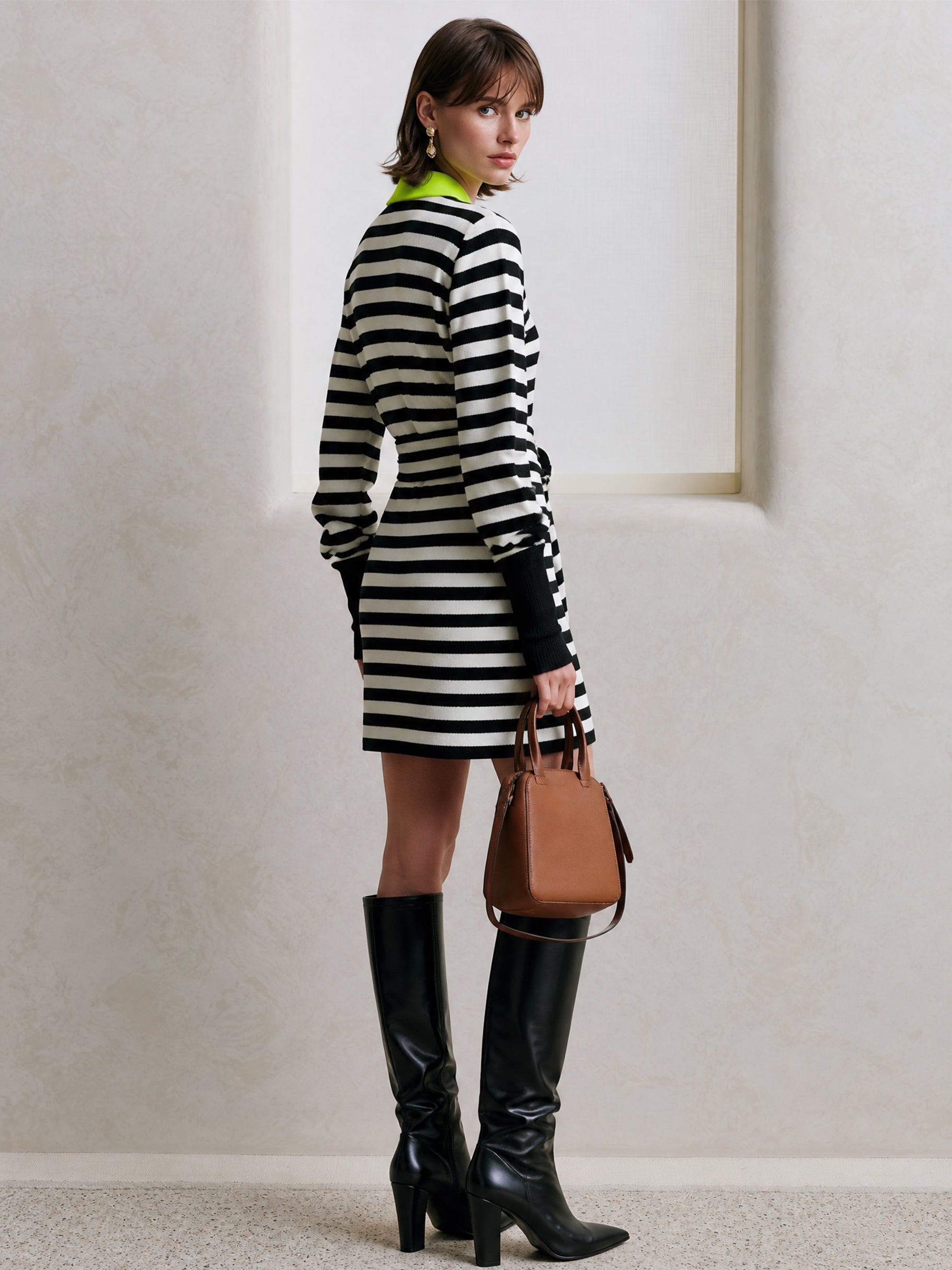 Contrast Collar Striped Knit Mini Dress With Waist Wrap Tie