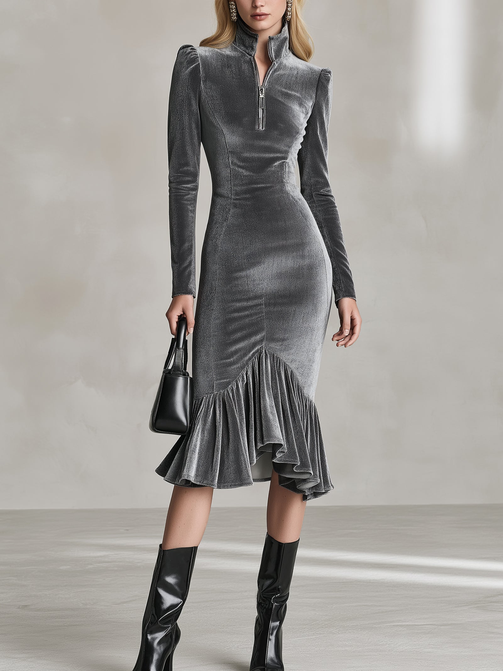 Elegant Velvet Half‑Zip Midi Dress With Ruffled Hem