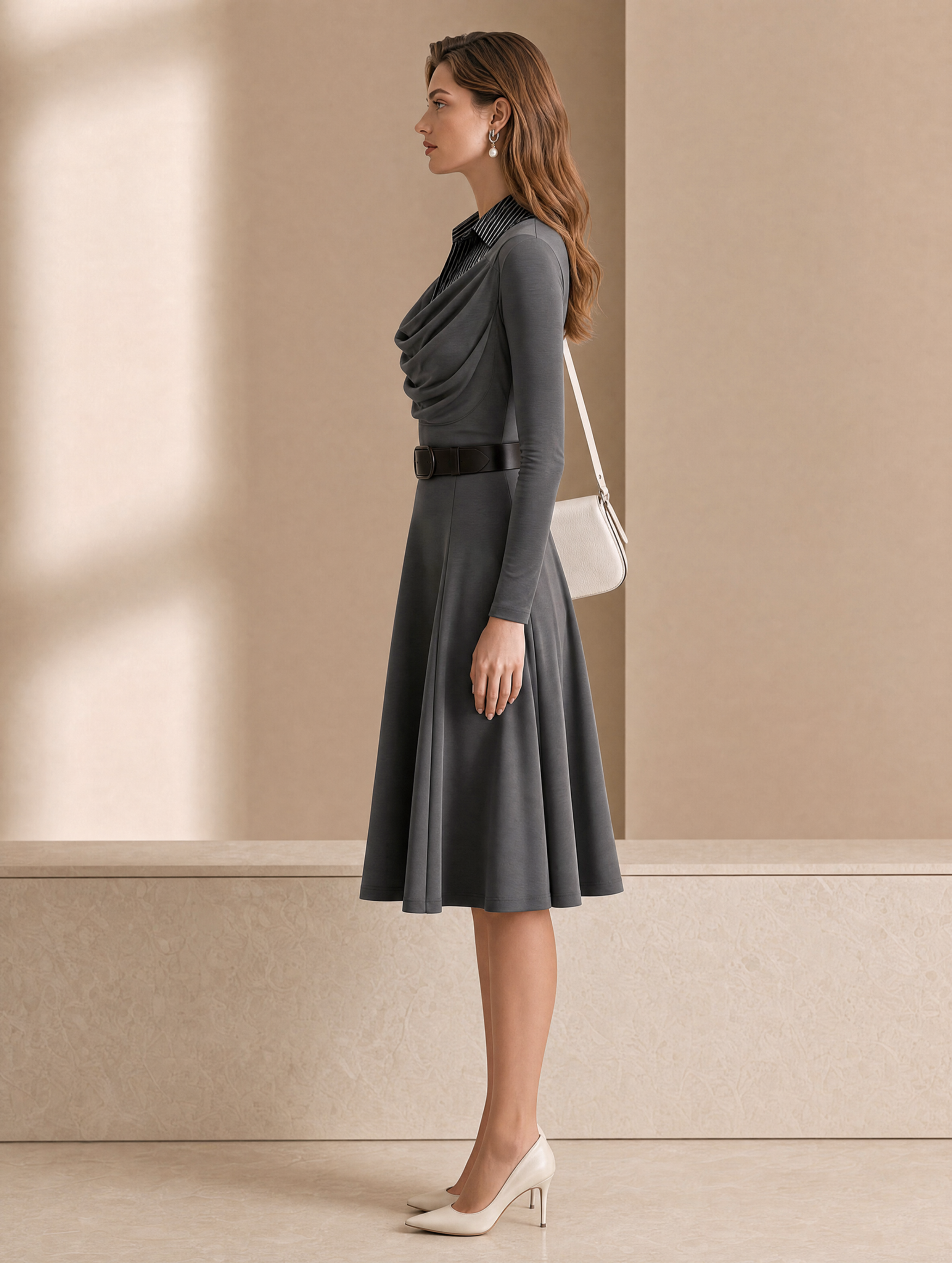 Elegant Grey Collared Slim-fit Midi Dress