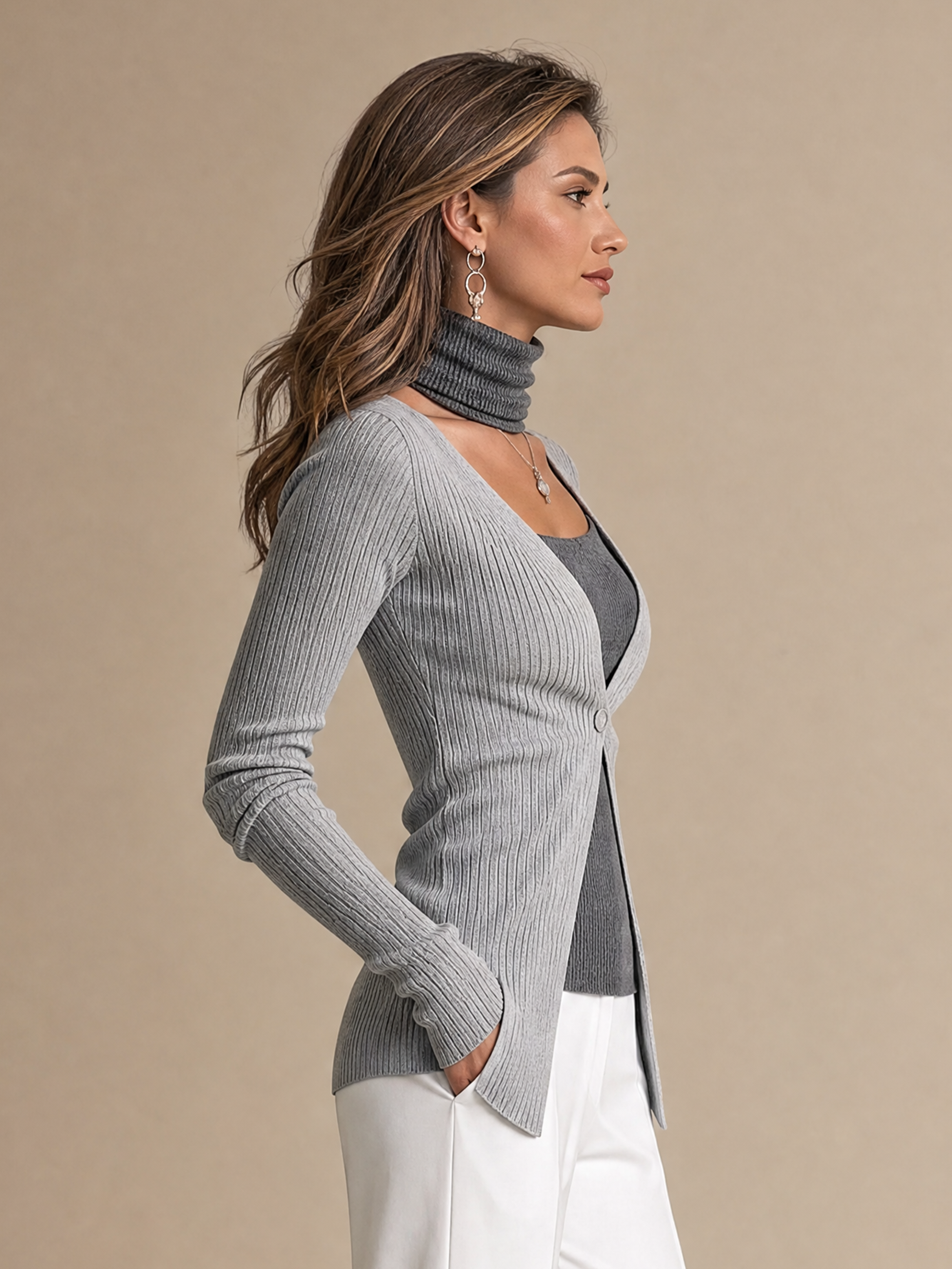 Elegant Grey Layered Ribbed Knit Two-Piece Set