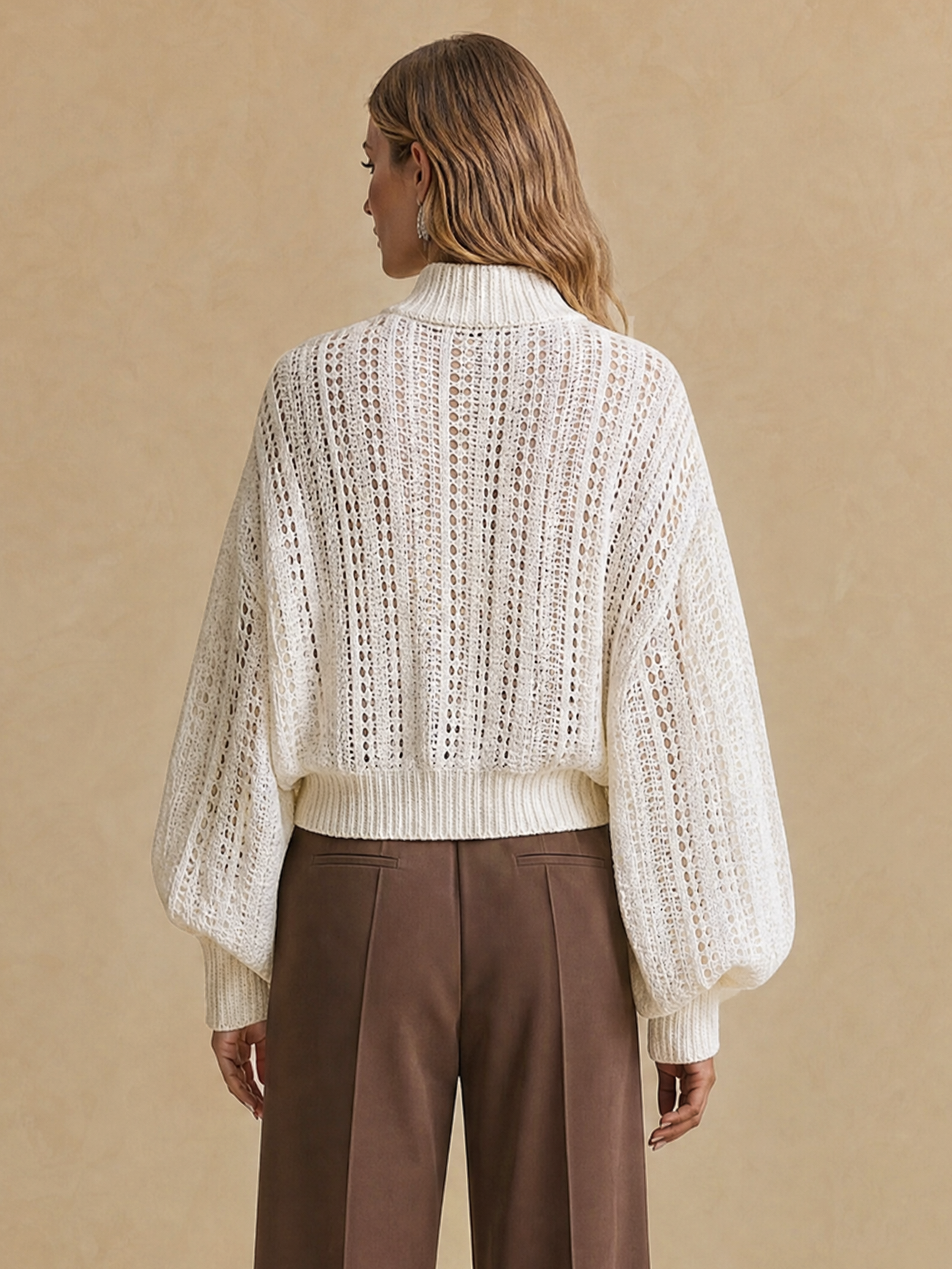 Elegant Ivory Openwork Zip-Up Knit Cardigan