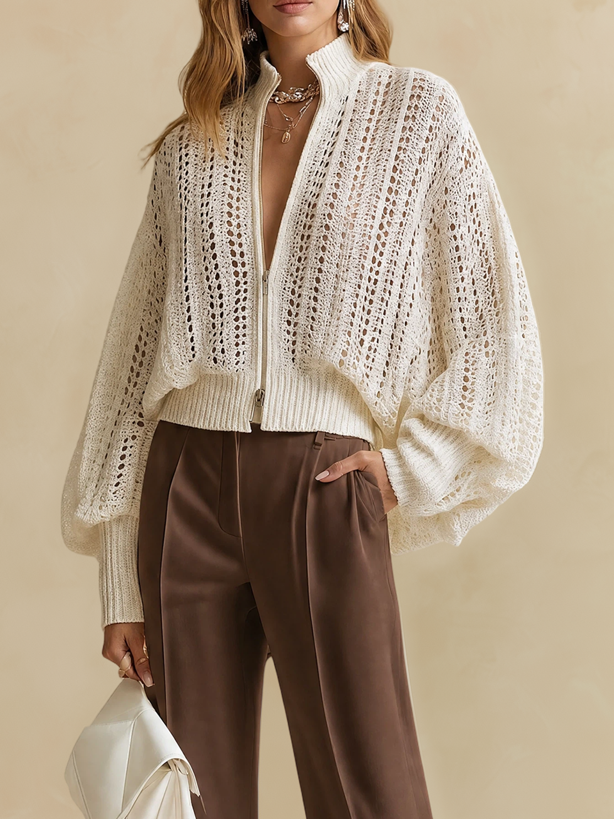 Elegant Ivory Openwork Zip-Up Knit Cardigan