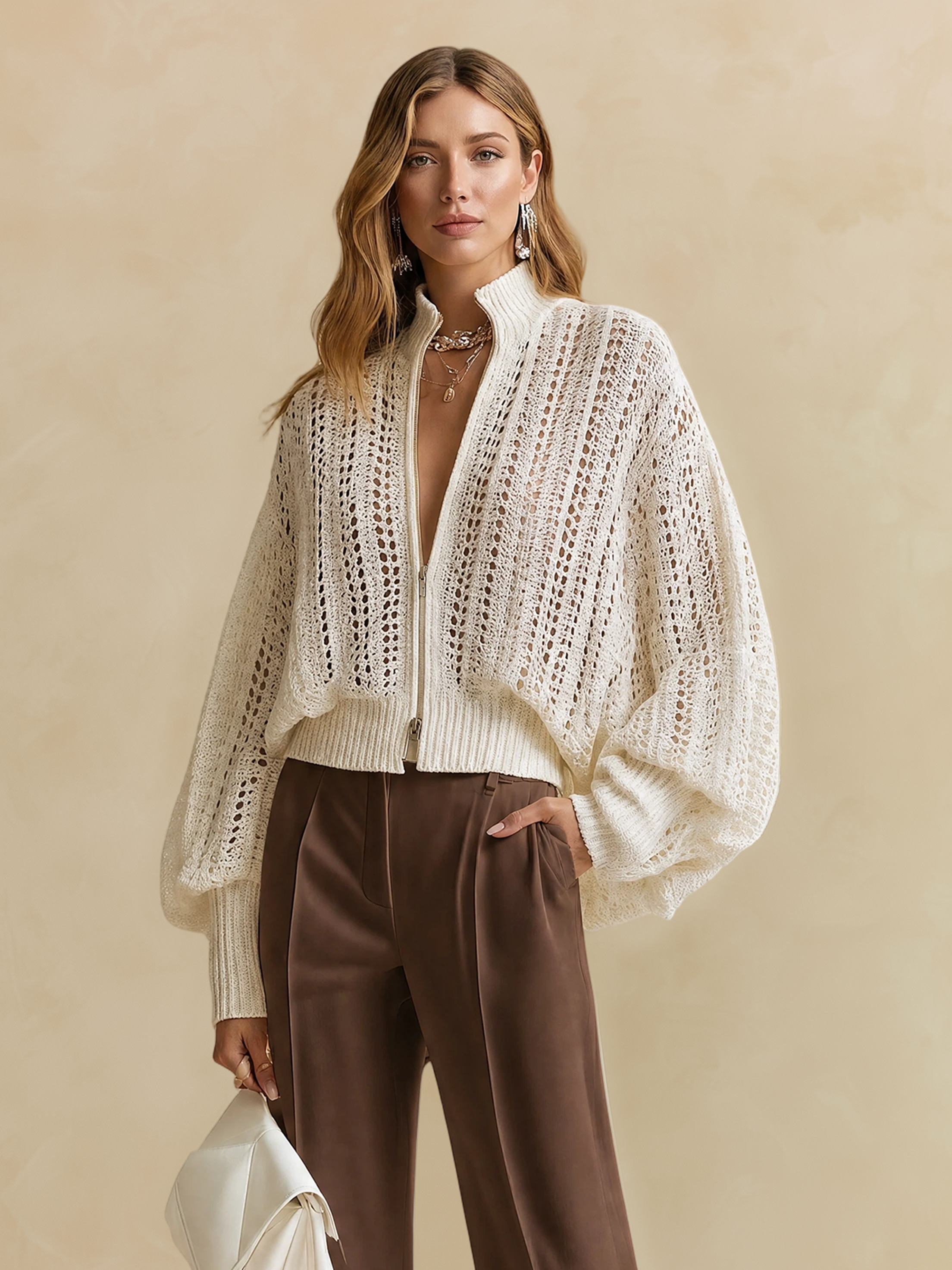 Elegant Ivory Openwork Zip-Up Knit Cardigan