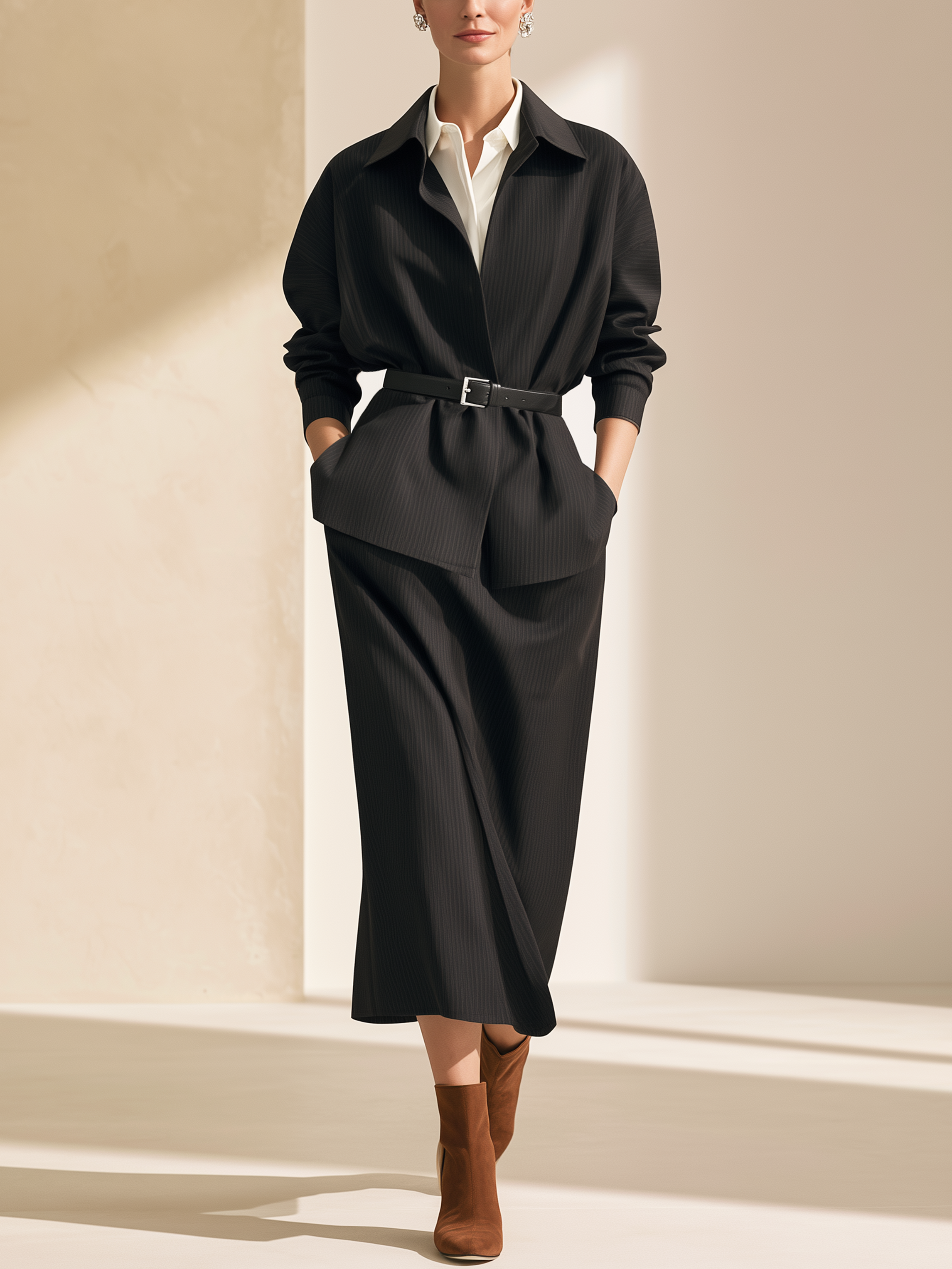 Black Pinstripe Belted Jacket Wrap Midi Skirt Two‑Piece Set