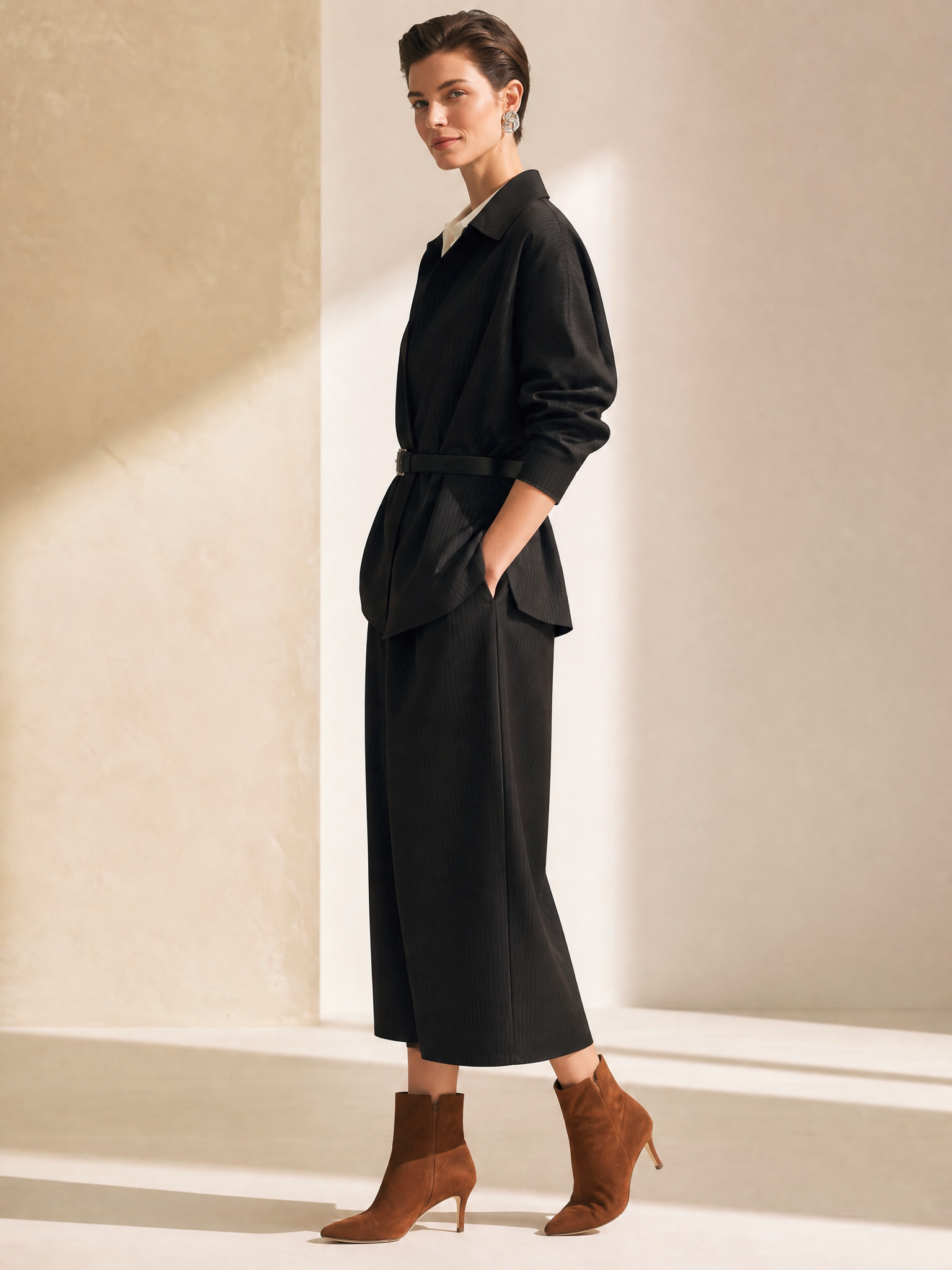 Black Pinstripe Belted Jacket Wrap Midi Skirt Two‑Piece Set