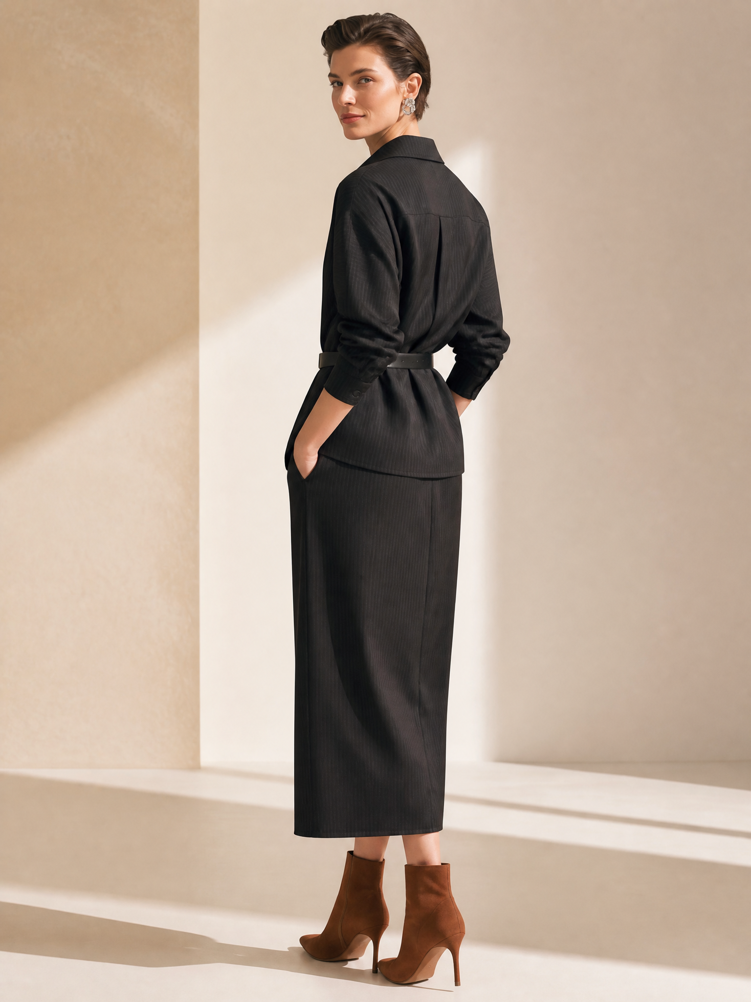 Black Pinstripe Belted Jacket Wrap Midi Skirt Two‑Piece Set