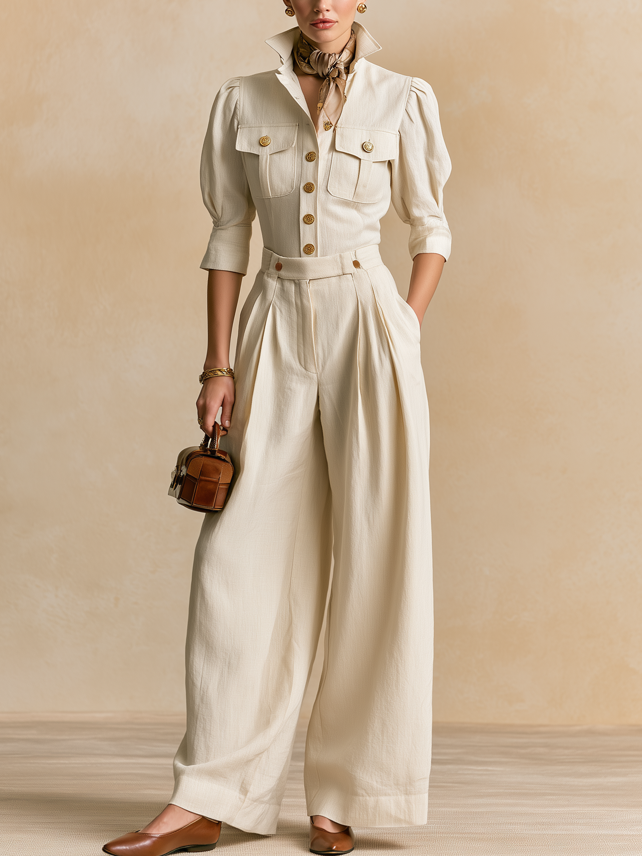 Cream Stand‑Collared Puff‑Sleeve High‑Waist Suit