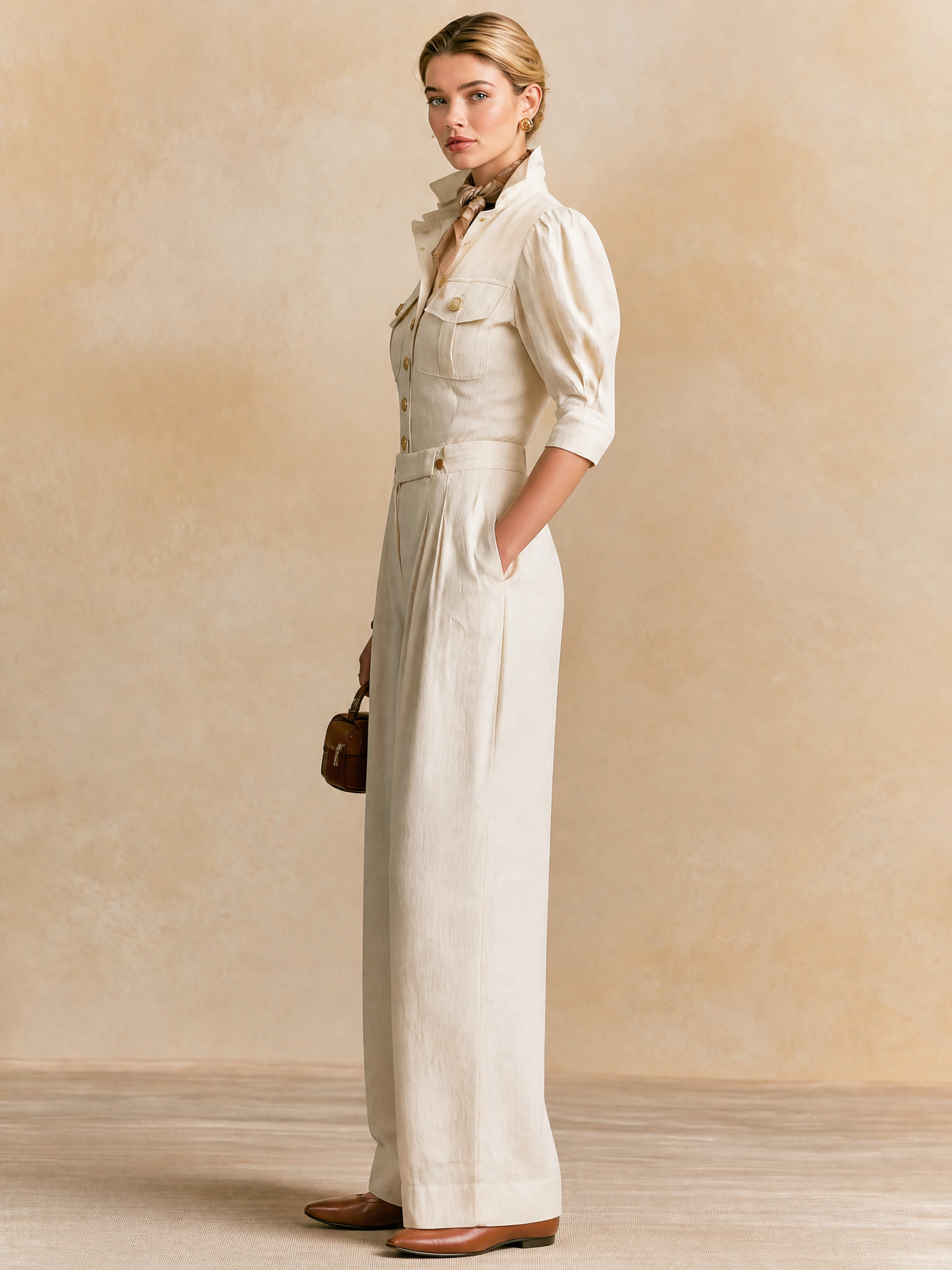 Cream Stand‑Collared Puff‑Sleeve High‑Waist Suit