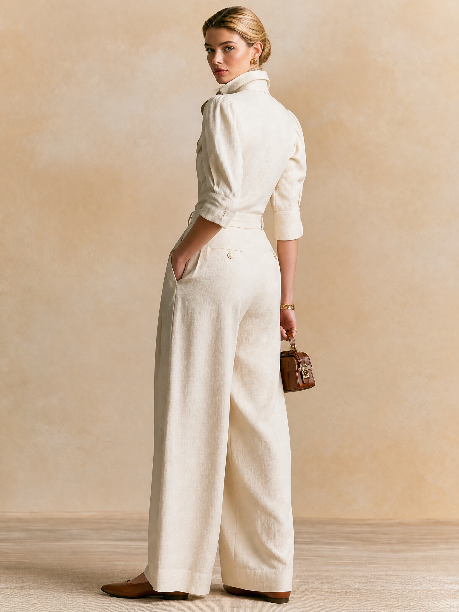 Cream Stand‑Collared Puff‑Sleeve High‑Waist Suit