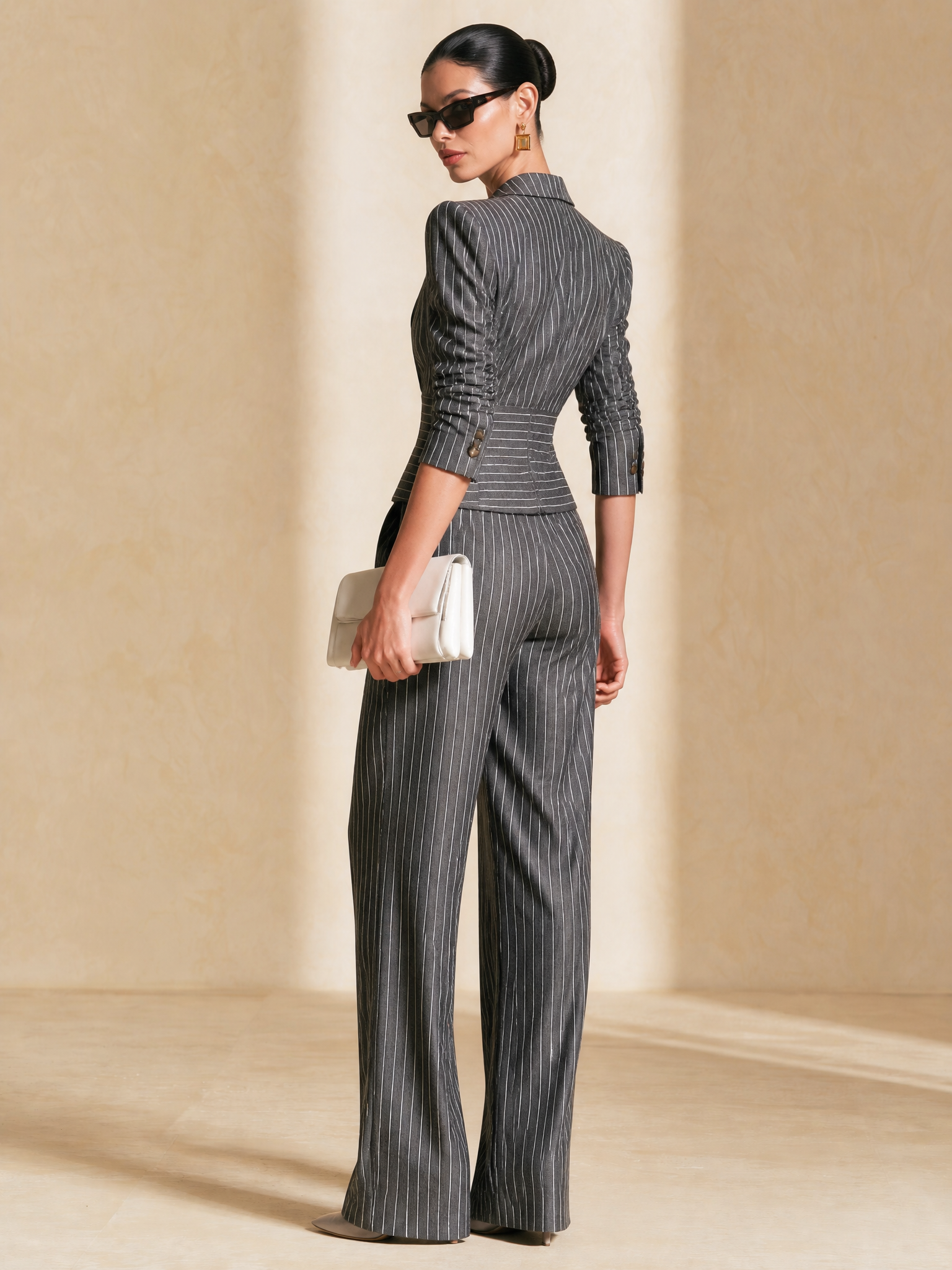 Elegant Charcoal Pinstripe Padded‑Shoulder Blazer Wide‑Leg Pants Two‑Piece Set