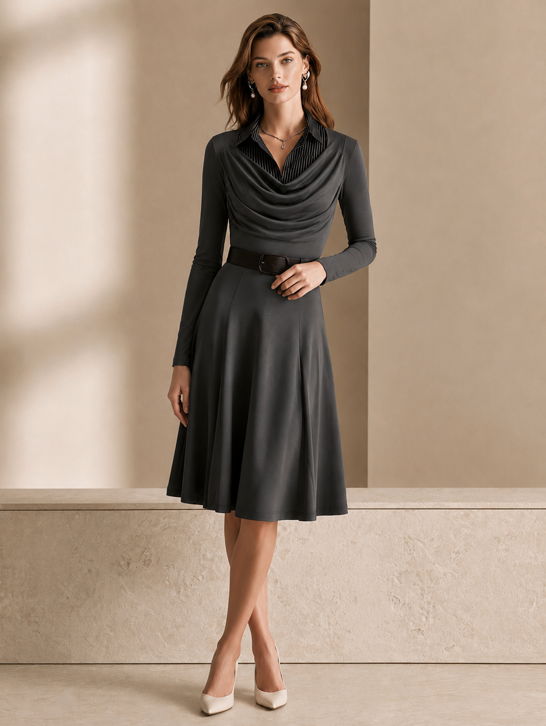 Elegant Grey Collared Slim-fit Midi Dress