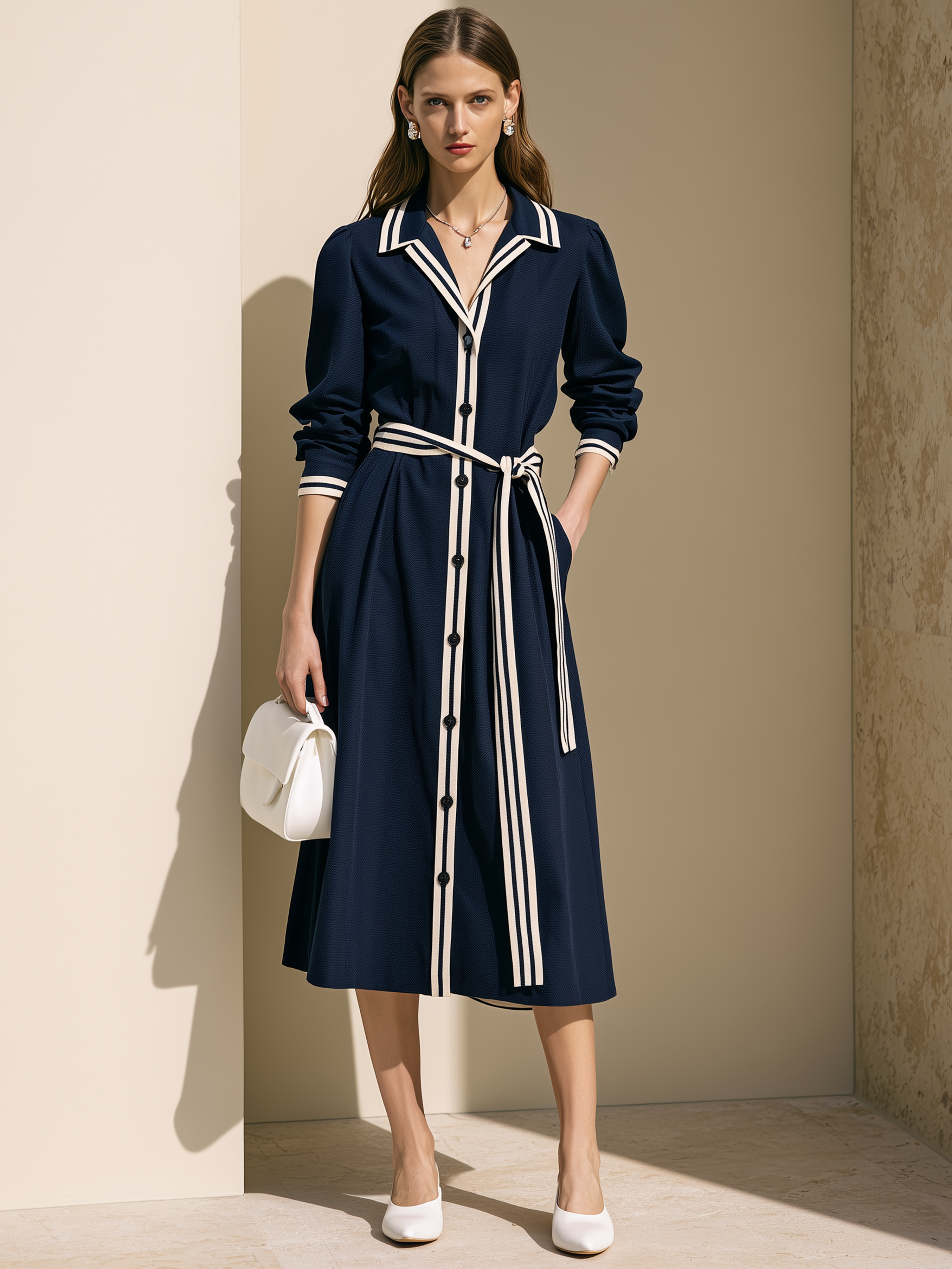 Elegant Navy Contrast-Trim Belted Midi Shirt Dress