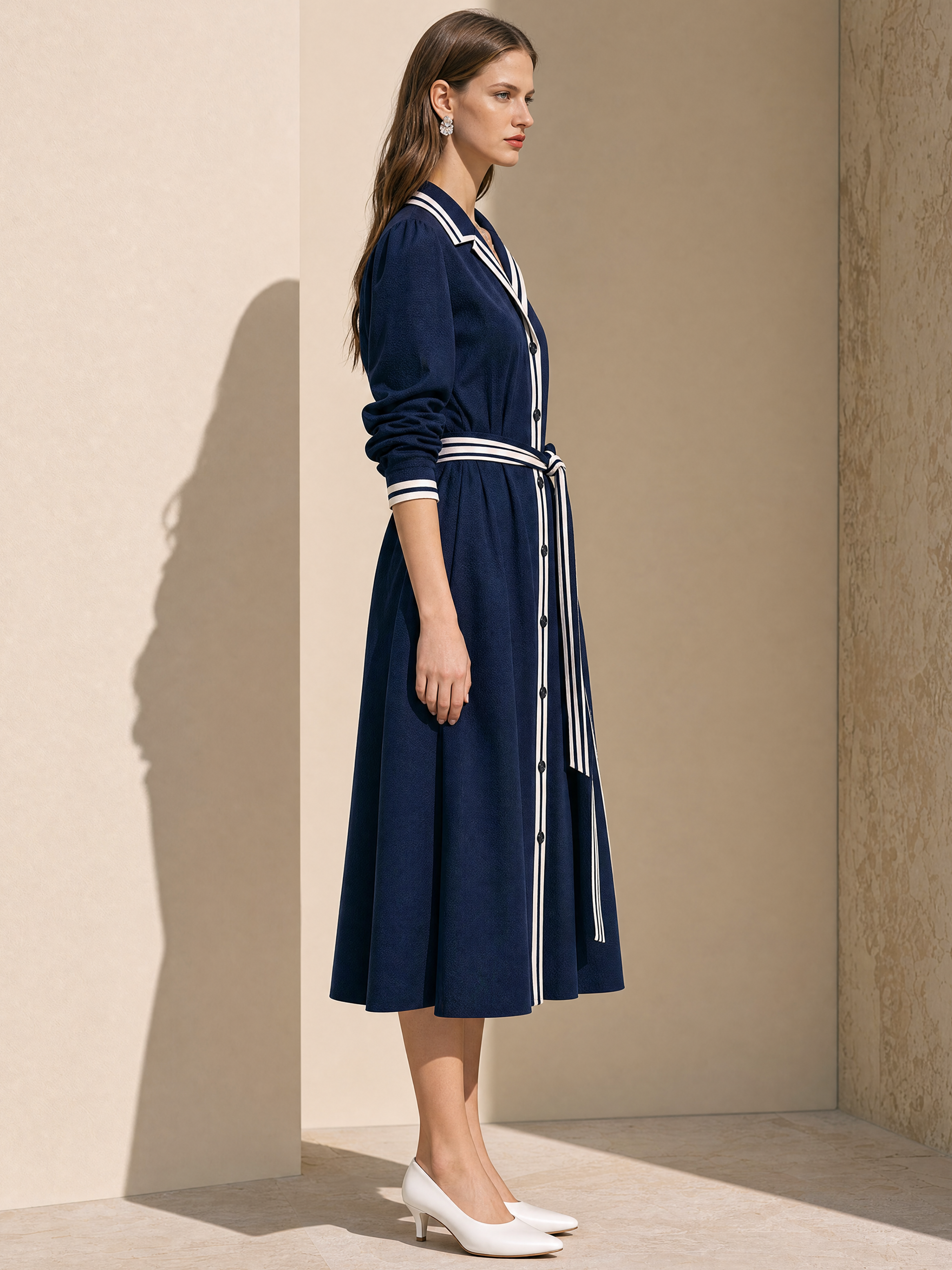 Elegant Navy Contrast-Trim Belted Midi Shirt Dress