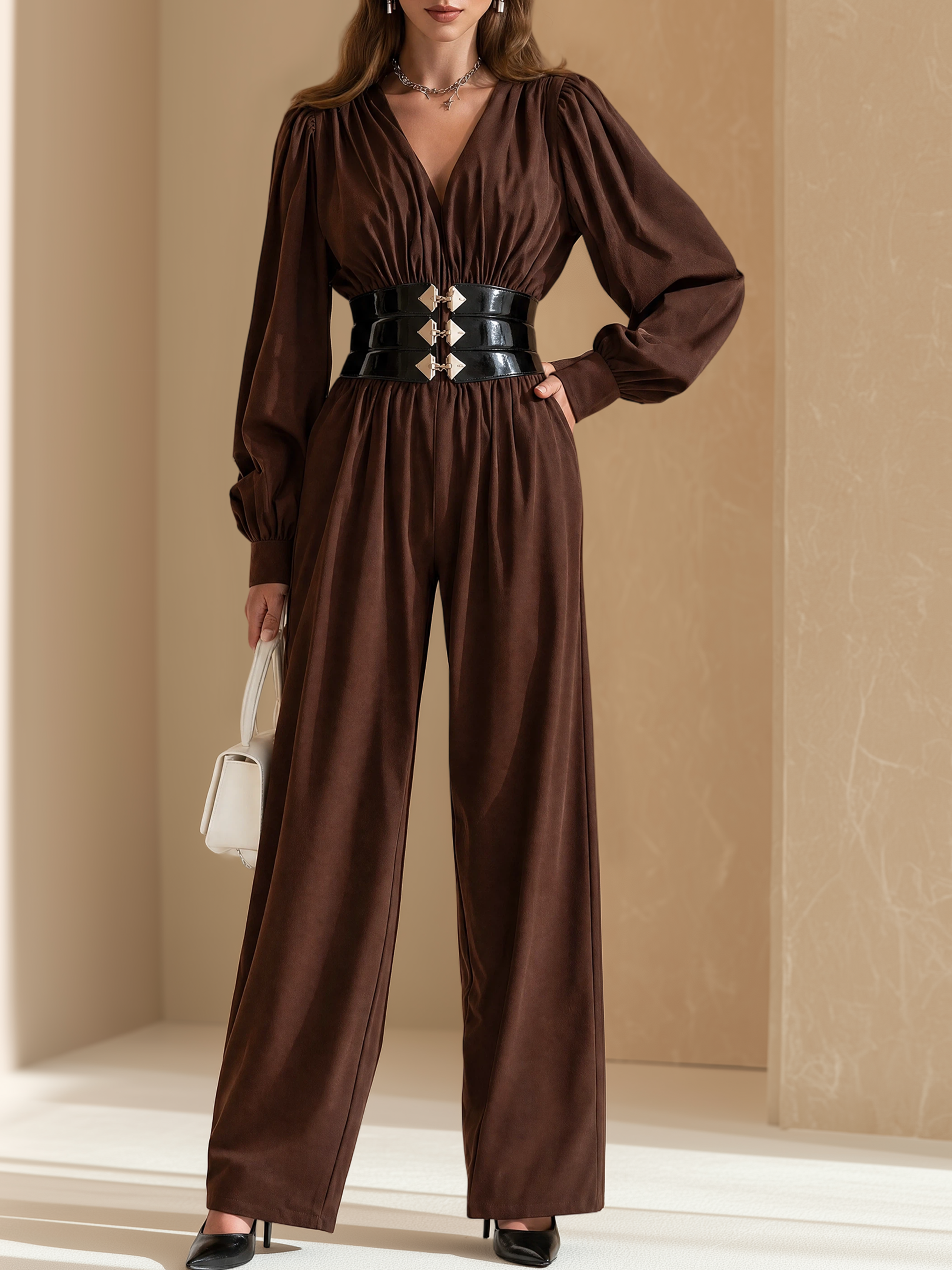 Elegant Chocolate Brown V-Neck Corset-Waist Jumpsuit