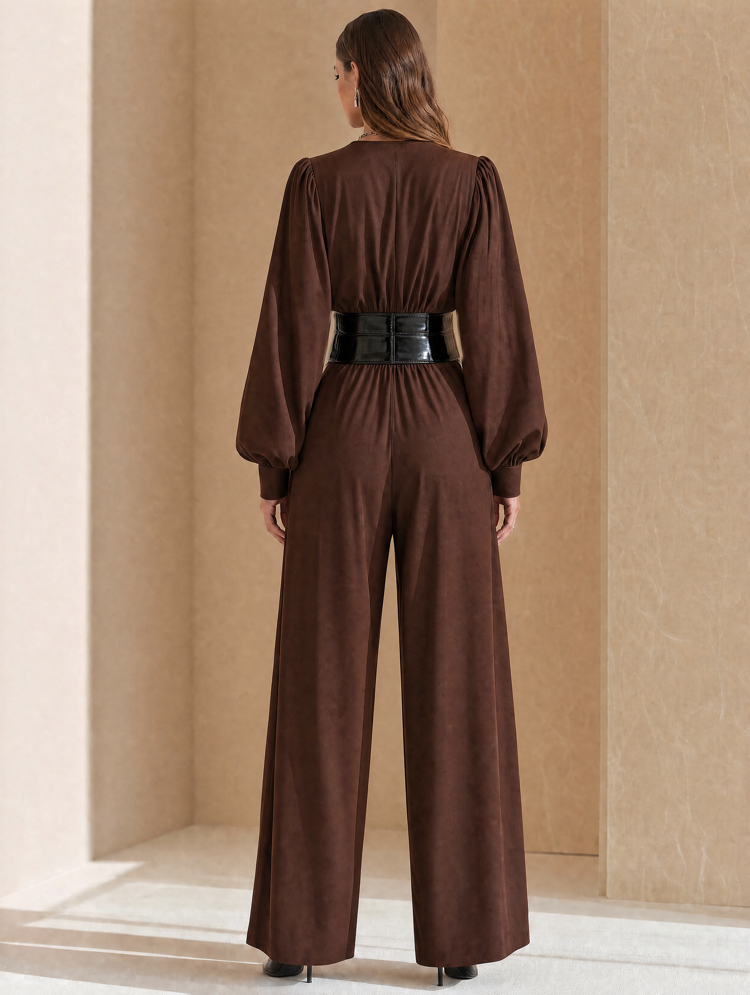 Elegant Chocolate Brown V-Neck Corset-Waist Jumpsuit