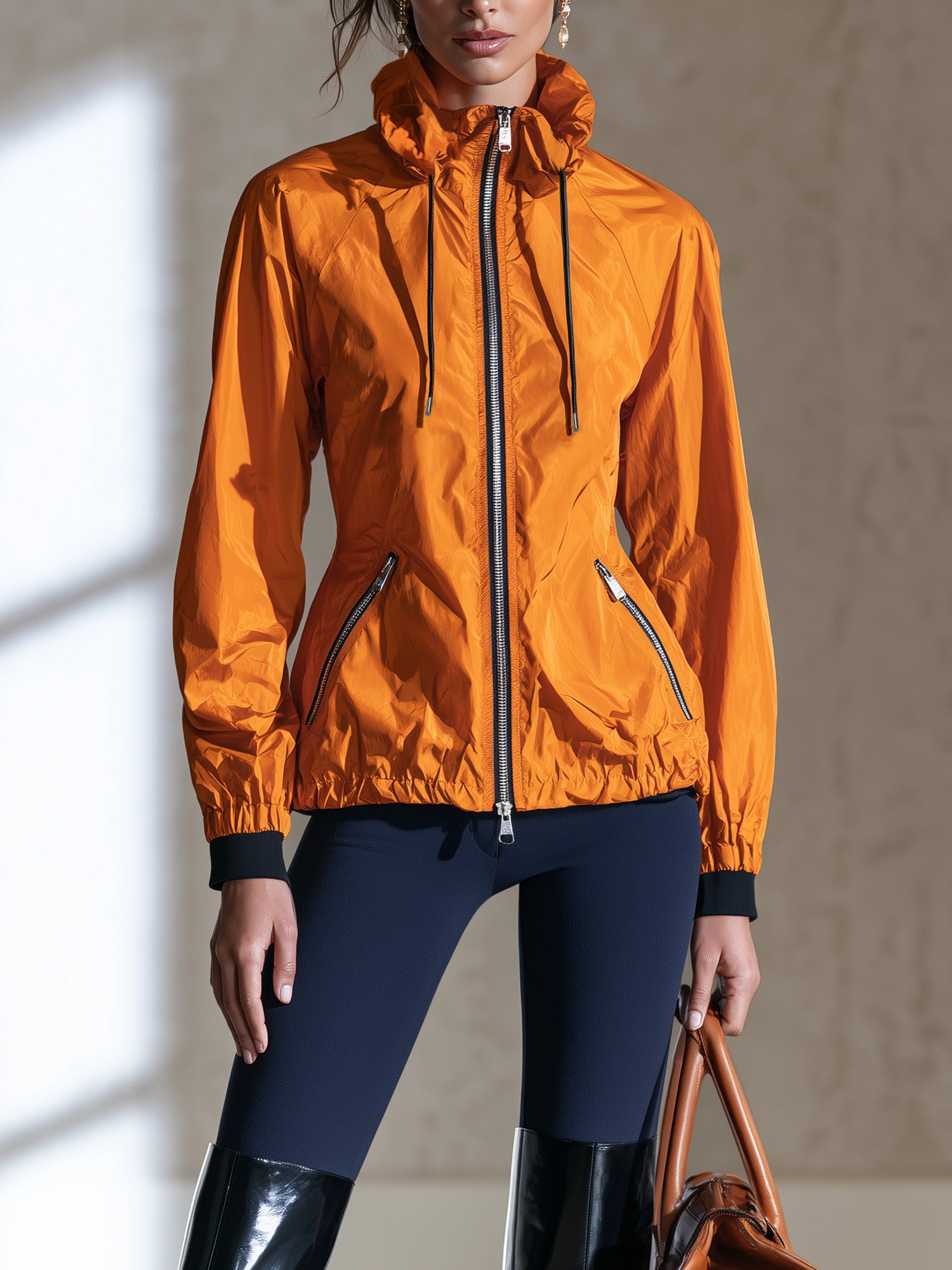 Lightweight Cinched‑Waist Zip‑Up Windbreaker Jacket Outerwear